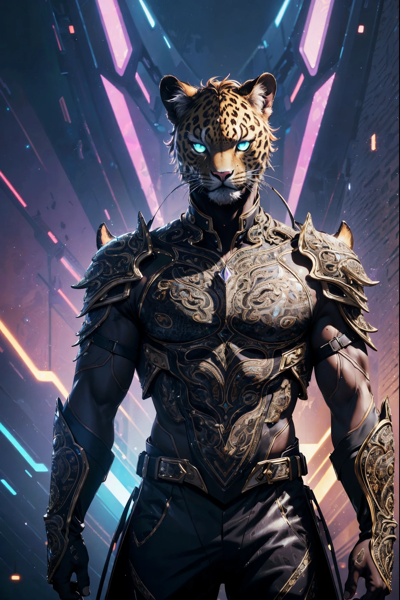 ((masterpiece)), (ultra-detailed), (intricate details), (high resolution CGI artwork 8k), Leopard man, furry, tail, (round ears), he is wearing dark clothing, dark holographic armor, neon eye color, futuristic vaporwave background, 8k resolution,((more detail)), atmospheric, focused on the character, Upper Dynamic Angle, silhouette lighting