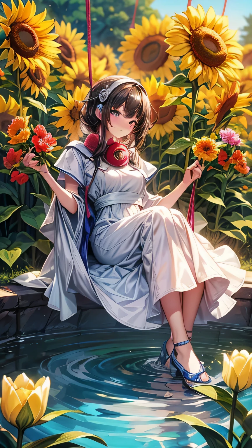 Dragon Ball　bloomers, futuristic scene, Mechanically enhanced Japanese high school girl、Elegant in an elaborate garden. She has beautifully detailed eyes and lips that complement her face. high school girl。.uniform。.。.。.。.。.。14 year old girl.. Around her are bright tulip and a quiet carp pond. The scenes are drawn using a combination of illustration and photorealism, sunflower,Highly detailed brush strokes and sharpness, bright colors. Lighting that highlights the elegance of the uniform, gives softness to the skin, porcelain shine。. Artwork is of the highest quality, Exquisite costume details on display, tulip, . The overall color scheme is、、、、、、、、、、、、、traditional Japanese color combinations, crimson, hang on., bus stop、sit on a swing、Headphones around the neck、Side view、Side view、whole body、cute clothes、from far away、Open the center、Big eyes、random pose、whole body、Floral、long dress