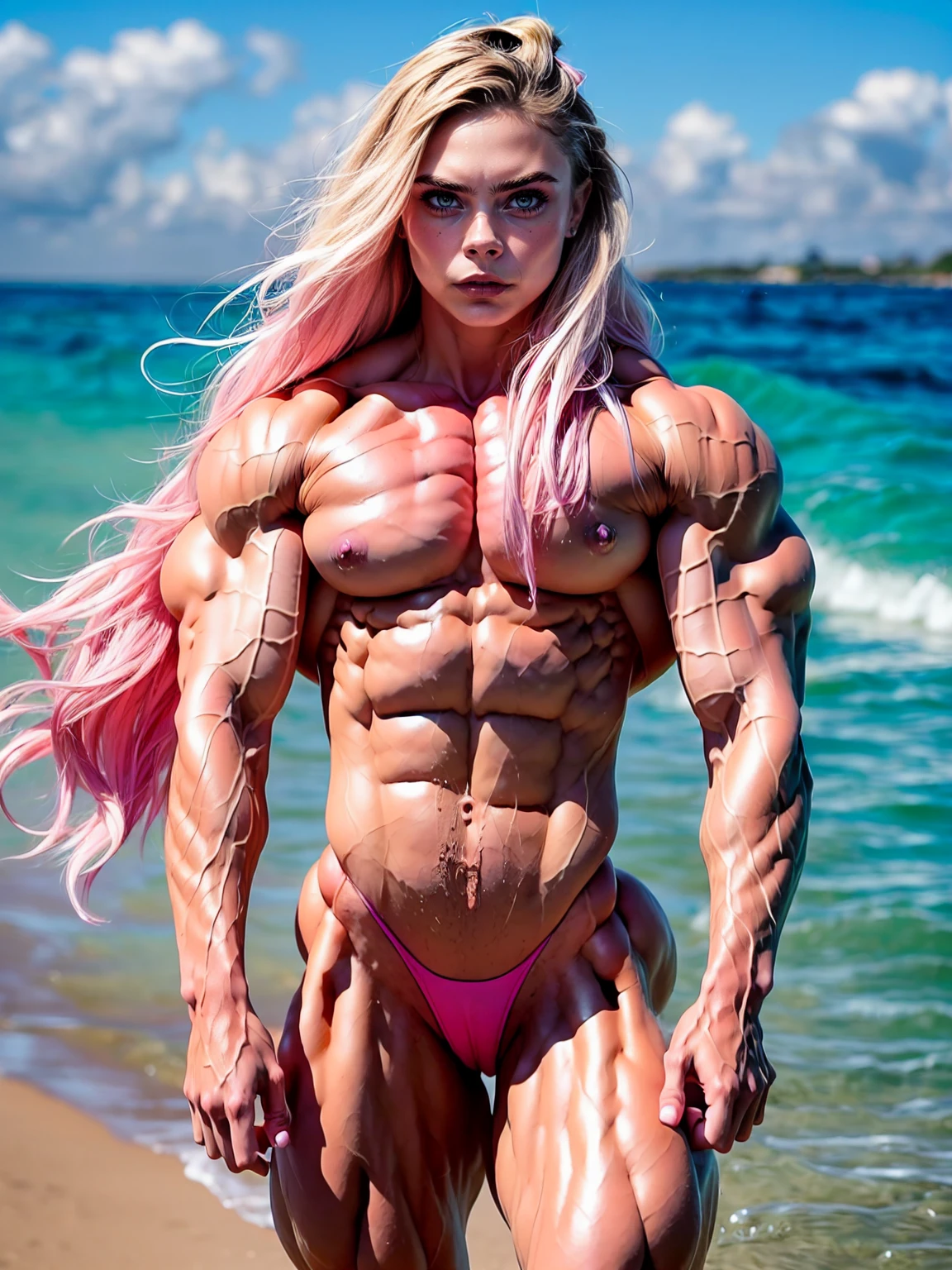 (1 girl:1.25), (cara delevingne:1.25), (a photo of a bodybuilder girl naked on the beach:1.25), (long pink hair:1.25), (huge upper body:1.25), (wide shoulders:1.45), (huge muscular arms:1.25,) (10-pack abs:1.25), (skinny legs), Realistic, Very detailed face and eyes, masterpiece