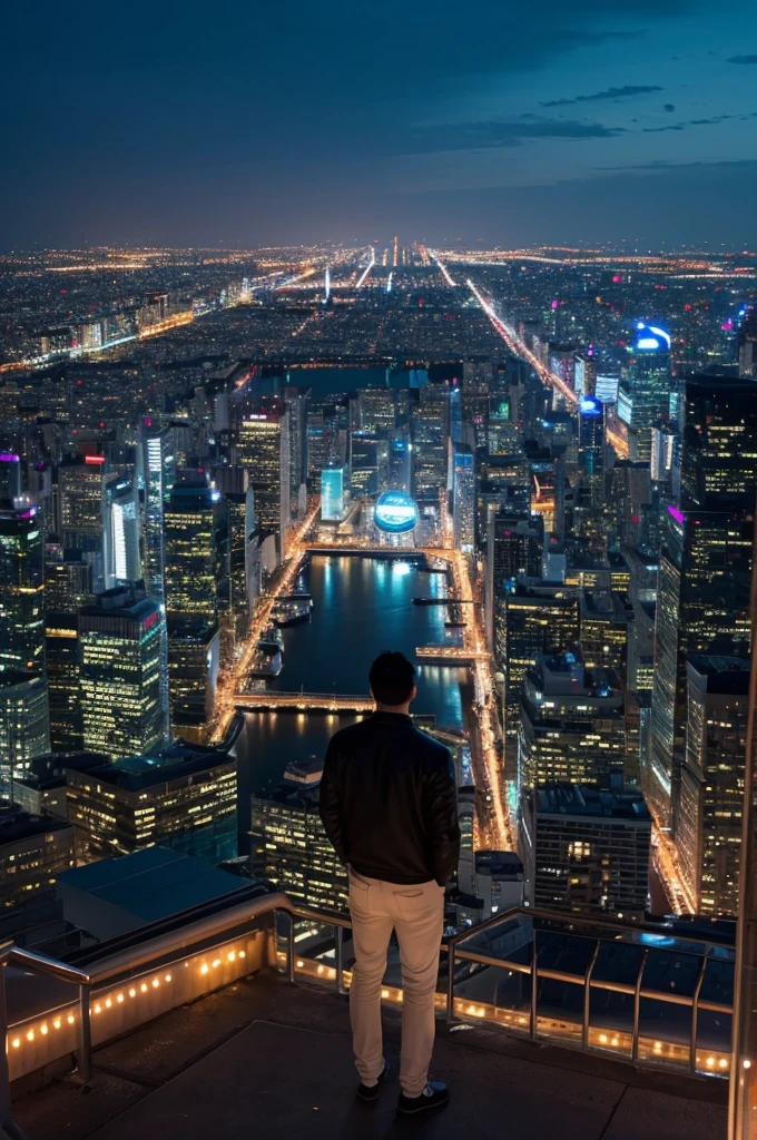 highest quality、A man looking at the neon lights of a big city from a high place、back view
