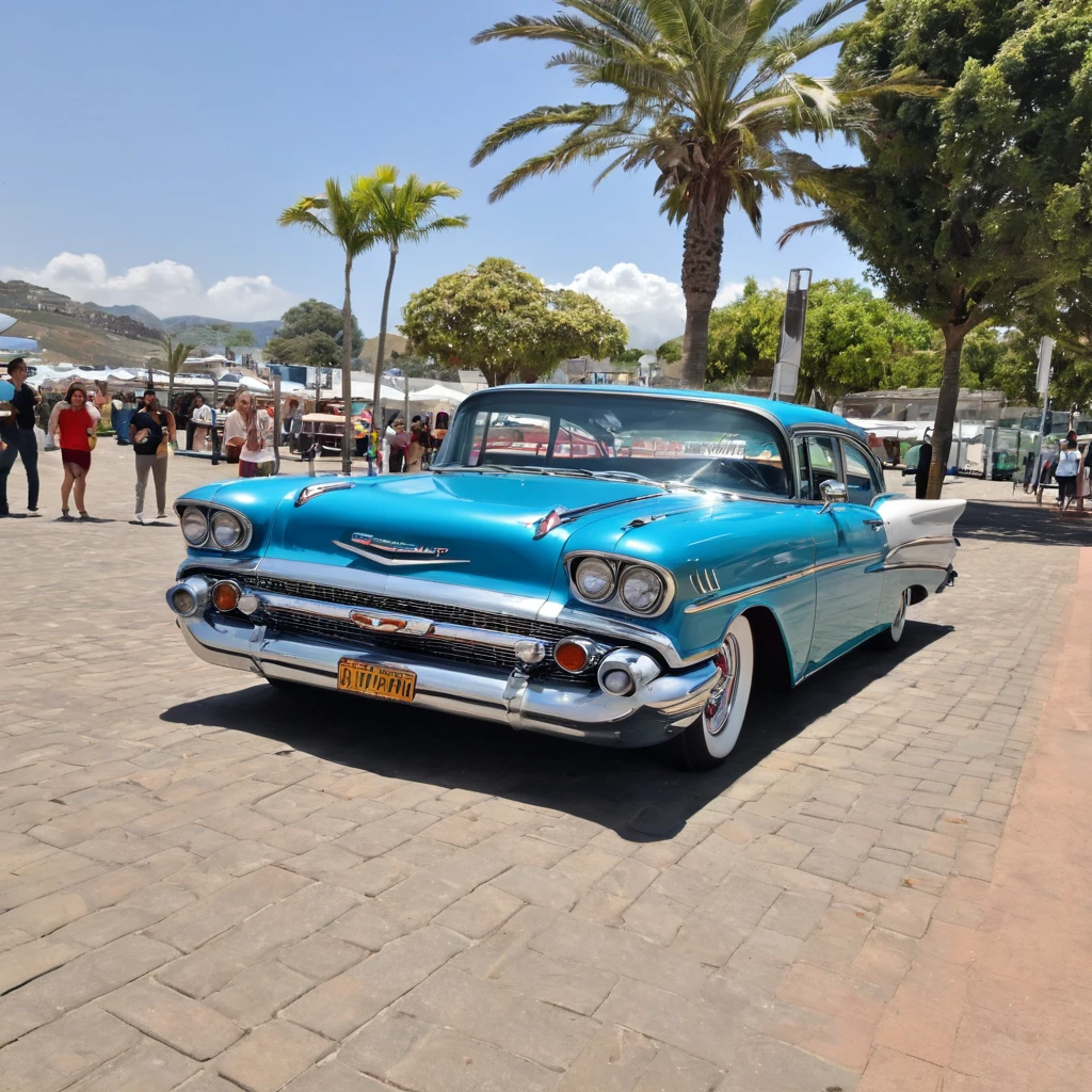 Retrato de um carro "1959 Chevrolet Bel Air " todo enferrujado e sujo de lama, estilo hotrod, pneus largos e grandes, vidros escuros opaco, robusto, Estilo Madmax, stands on a platform in an outdoor exhibition, DIAGONAL CAMERA, in an outdoor exhibition with lots of girls in bikinis around, blue sky, realista, as realistic as possible, qualidade excepcional.