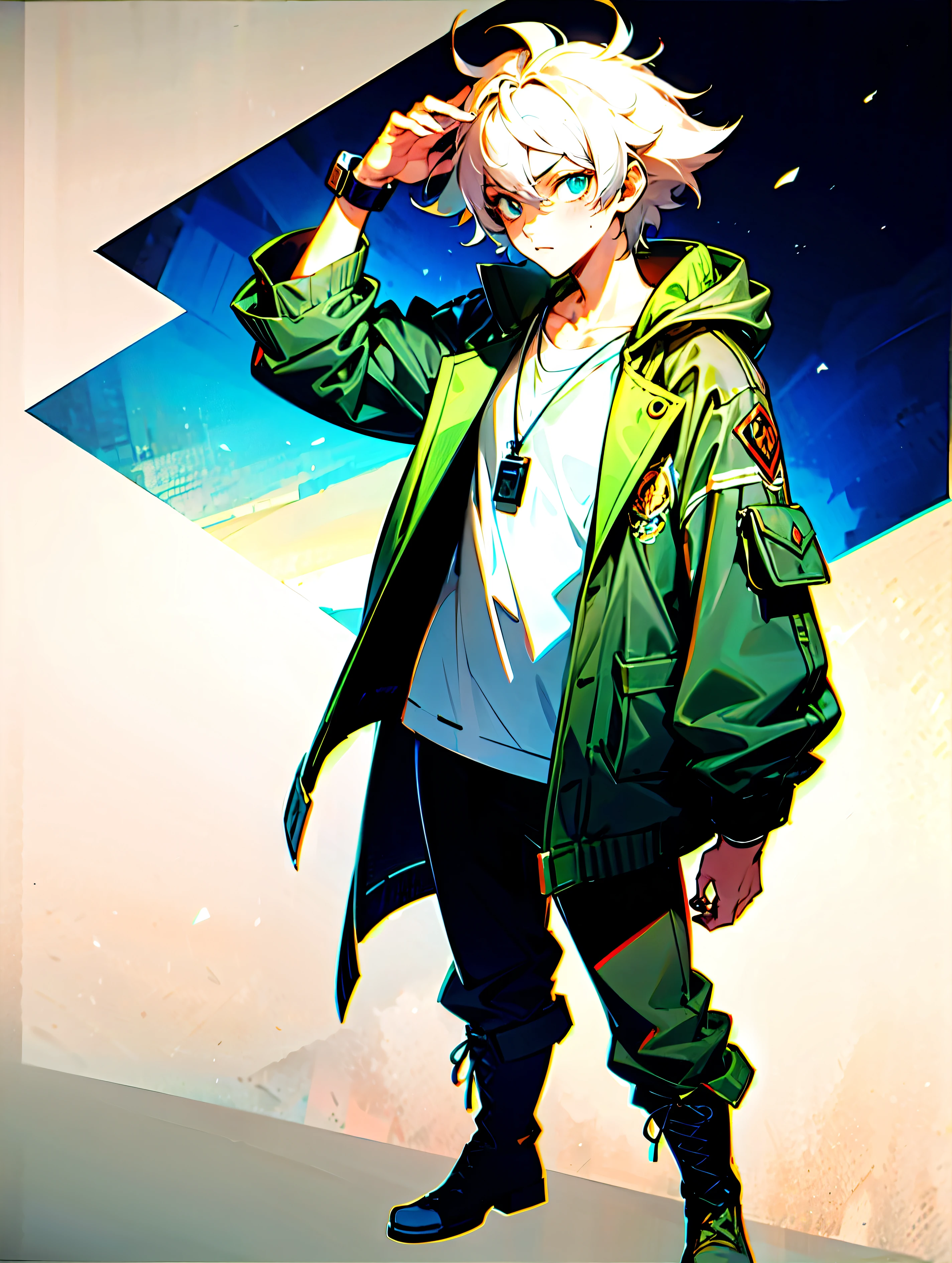 A young boy with dubious look, 2d concept art, anime concept art, detailed concept art. Modern boots, messy hair, jacket up to the cuffs.