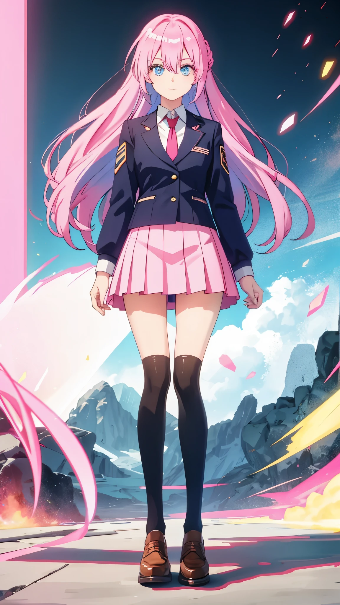 sight, thin legs, short skirt, permanent, beautiful eyes, blue eyes, happy, Soldier, pink hair, long hair, high socks, office