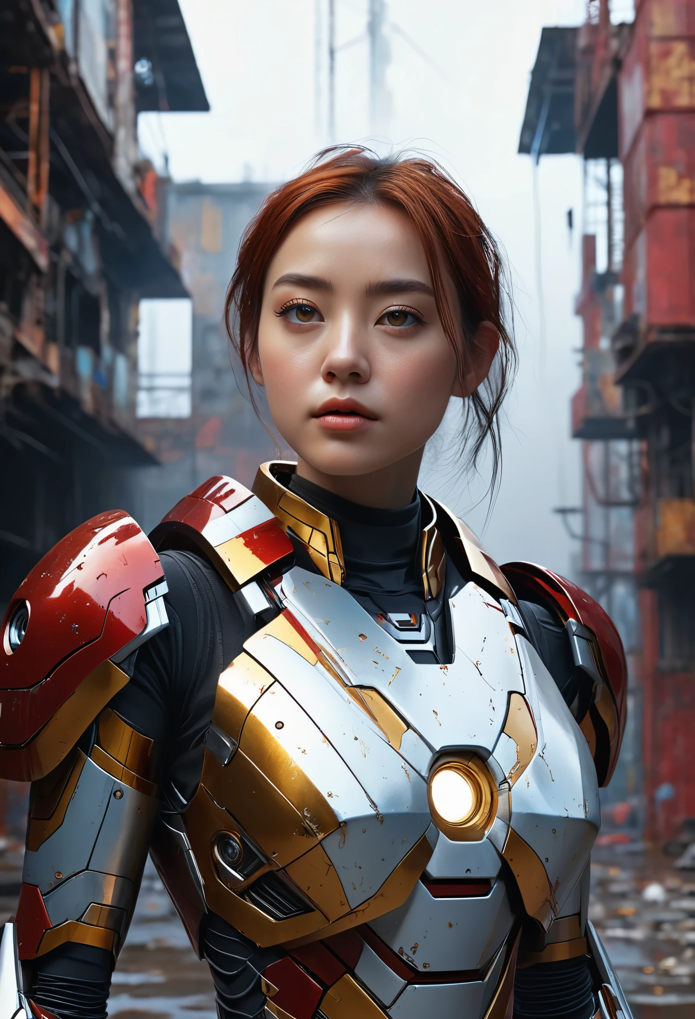 (1girl:1.3), solo,__body-parts__, official art, unity 8k wallpaper, ultra detailed, beautiful and aesthetic, beautiful, masterpiece, best quality, RAW, masterpiece, super fine photo,, best quality, super high Resolution, photorealistic, sunlight, full body shot stunningly beautiful,, dynamic pose, delicate face, vibrant eyes, (side view), she is wearing a futuristic Iron Man mech, red and gold, Highly detailed abandoned warehouse background, detailed face, detailed complex busy background, messy, gorgeous, milky, high detailed skin, realistic skin details, visible pores, sharp focus, volumetric fog, 8k uhd, dslr camera, High quality, film grain, fair skin, photorealism, lomography, sprawling metropolis in a futuristic dystopia, view from below, translucent