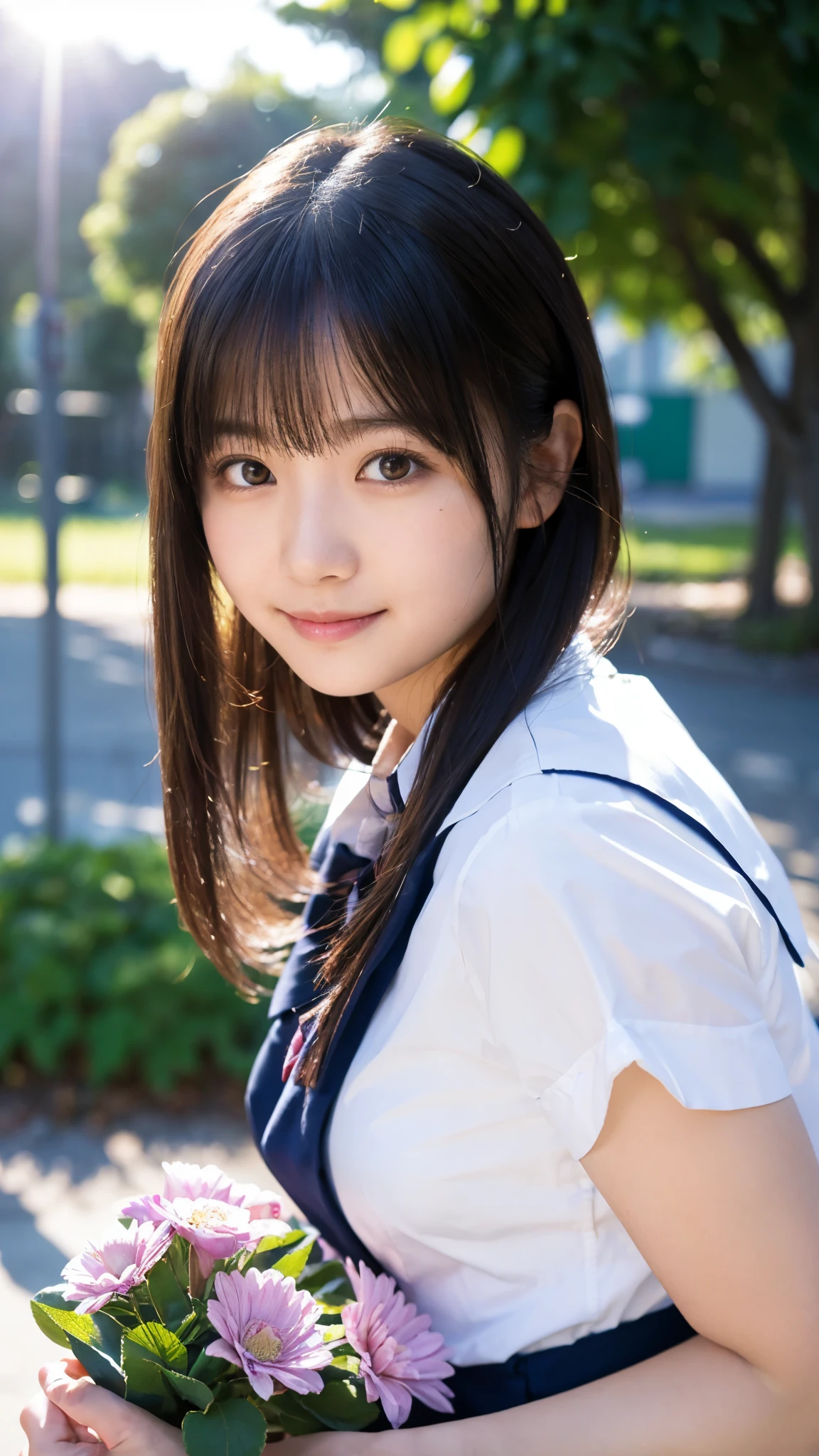 (highest quality,masterpiece:1.3,ultra high resolution),(Super detailed,caustics,8k),(photorealistic:1.4,RAW shooting),(Holding a pink bouquet in front of her chest:1.1),(face forward),18-year-old,cute,Japanese,black long hair,(hair blowing in the wind),(school uniform),(smile),(stare at the camera),blue sky,sun,Natural light,school playground,(front shot),(bust up shot),(Backlight),Lens flare,low position,Low - Angle