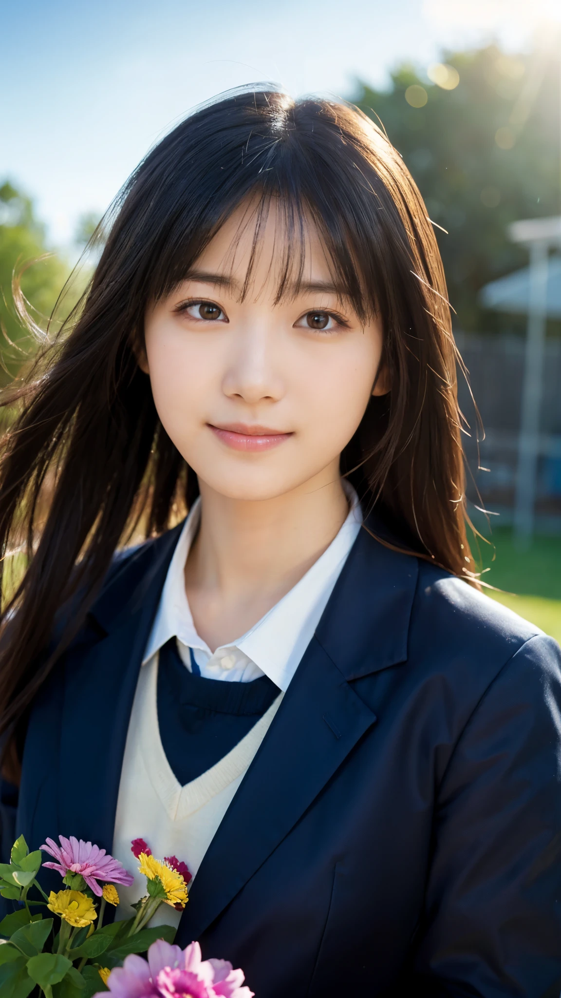 (highest quality,masterpiece:1.3,ultra high resolution),(Super detailed,caustics,8k),(photorealistic:1.4,RAW shooting),(Hold a bouquet in front of your chest:1.1),(face forward),18-year-old,cute,Japanese,black long hair,(hair blowing in the wind),(strong wind),(school uniform),(smile),(stare at the camera),blue sky,sun,Natural light,school playground,(front shot),(bust up shot),(Backlight),Lens flare,low position,Low - Angle