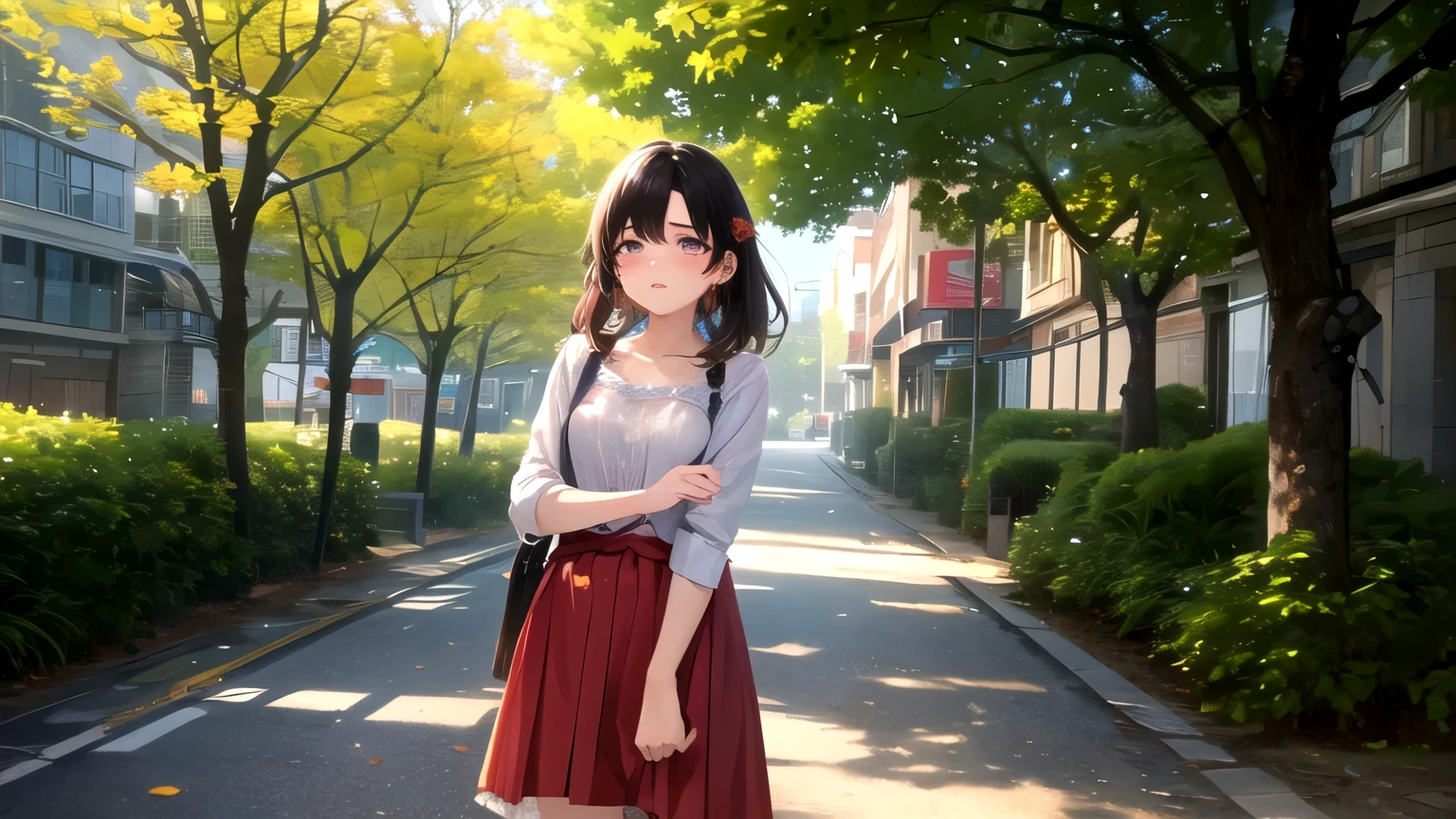((highest quality)), ((masterpiece)), (be familiar with),girl,perfect face,Alone,anxiety,Asahi,unfamiliar road,city,love that ended,When the leaves bud,homesick,sense of loss,earphone,natural makeup,shyness,Hick