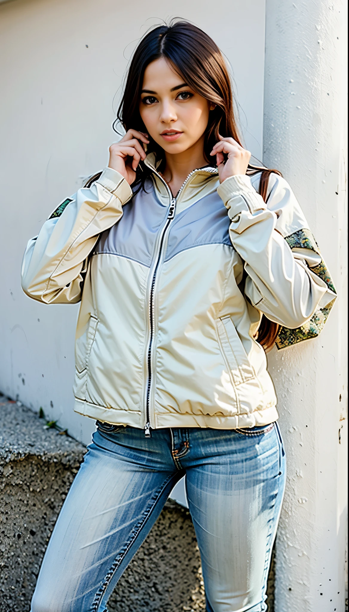 a woman in a white shirt and jeans posing for a picture, grey jaqueta, jaqueta, white jaqueta, short jaqueta, wearing jaqueta, 9 0's, 90's, niele toroni, branco e cinza, 2010s, 2 0 1 0 s, cinza claro, jaqueta over bare torso, cor prata