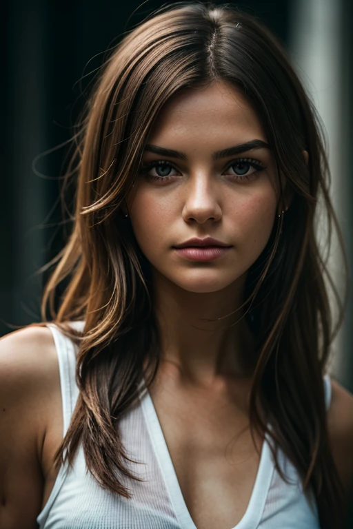 Close-up photo of a beautiful Irish girl, adorable face, red long layered hair, no makeup, realistic skin texture, low saturation, dark tone, inspired by Alessio Albi, f1.4, 85mm lens, hyper realistic ,lifelike texture, dramatic lighting, professional shot, heavy shadows, dynamic pose, innocent look