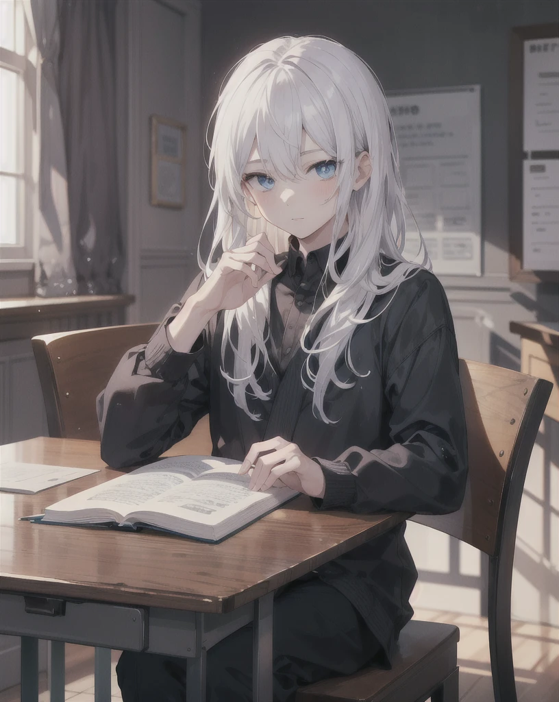 A young boy with long white hair and captivating blue eyes, sitting in a high-classroom, engrossed in studying. The scene is realistic and rendered in 4K resolution, capturing every detail of the boy's features. His thin frame exudes charm as he diligently focuses on his studies.