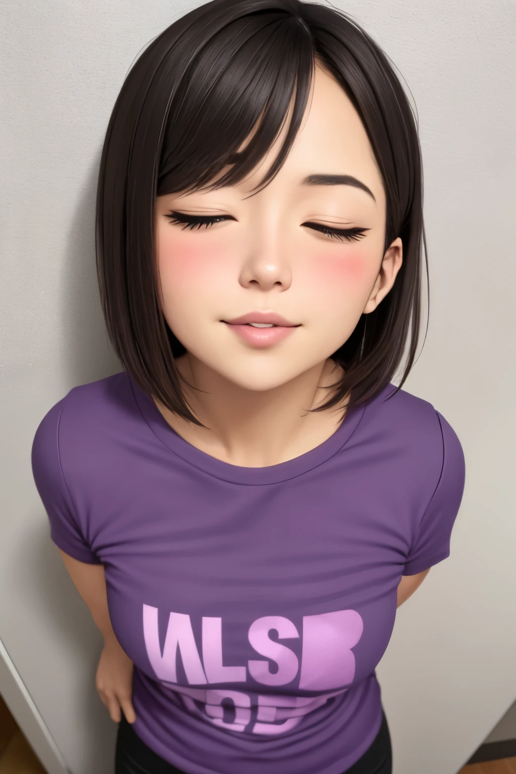 a short sexy woman wearing purple t shirt and black tracks, pinned against the wall, eyes closed, lips parted, blushing intensely, ready to kiss