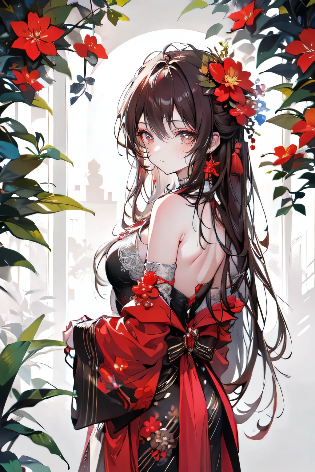 (masterpiece),(Best quality:1.0), (ultra high resolution:1.0), detailed illustration, 8 k, anime, 1 girl, beautiful anime girl, In a sari, wear pink sari, beautiful pose, Beautiful face, detailed face, beautiful eyes, dark red eyes, detailed eyes, Red lips, Red lipstick, slightly brown hair, pink flower on ear, highlighting in hair, standing, Red flowers on the back of the tree, Open sky with clouds, detailed, difficult, anime style, highly detailed