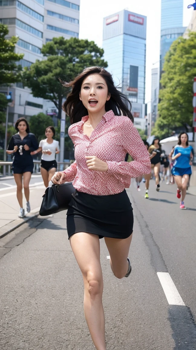 highest quality、masterpiece、ultra high resolution、(realistic:1.4)、Downtown Tokyo、woman、ライオンから逃げるwoman、(((running here、full speed force)))、Driving attitude ,serious expression、beautiful woman、blouse、skirt、handbag、high heels