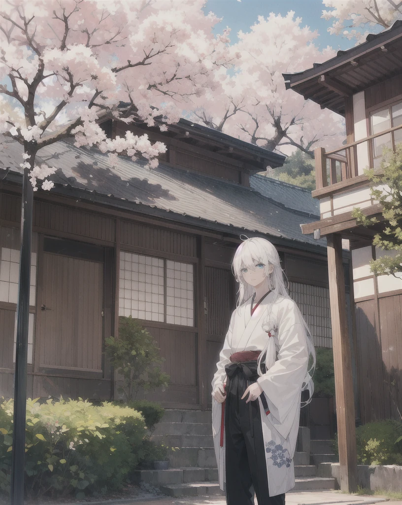 young boy,man,long hair,white hair,blue eyes,standing in front of the house,Japanese style house,cherry tree,realistic,4k,charming,very detailed,thin,
