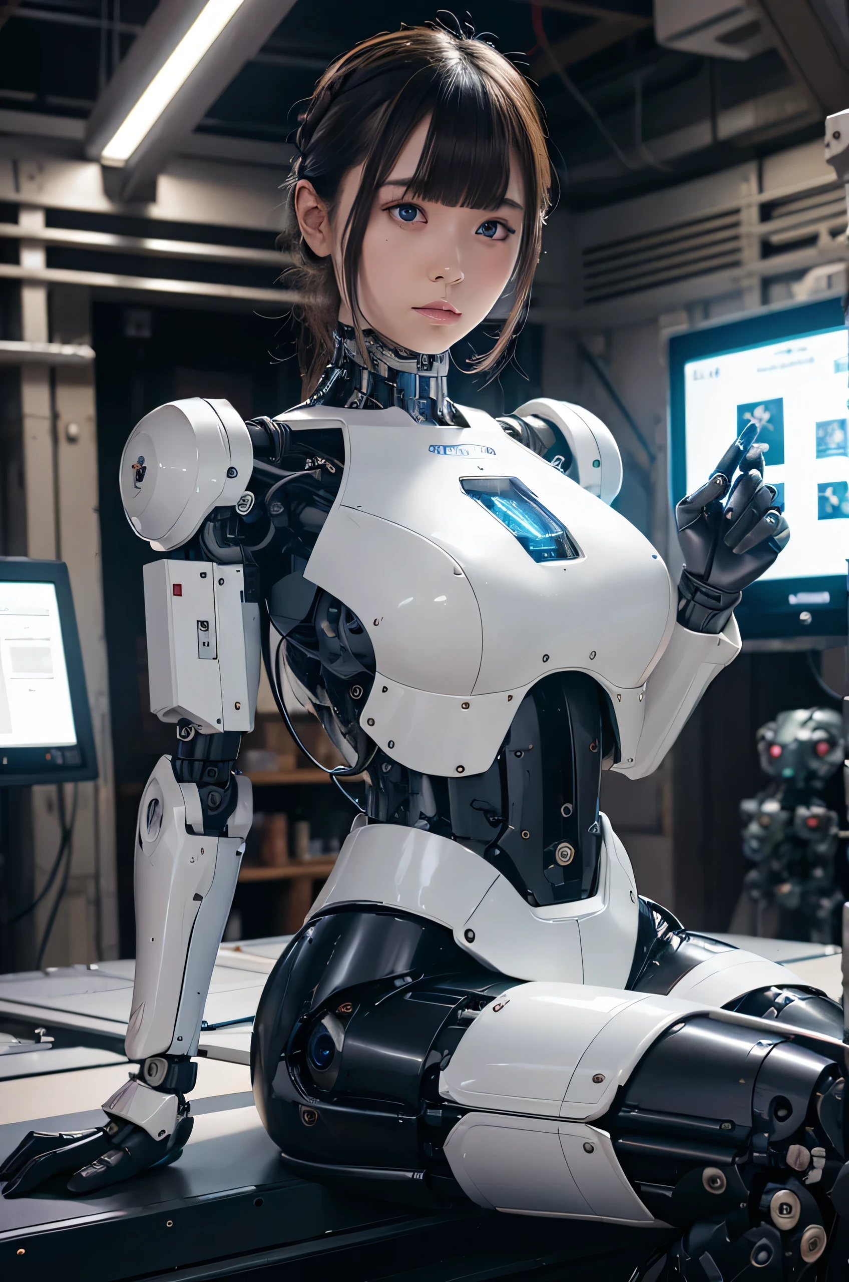 masterpiece, best quality, extremely detailed, Japaese android girl,Plump ,control panels,android,Droid,Mechanical Hand, Robot arms and legs,Blunt bangs,perfect robot girl,white robot body,mechanical neck,long tube,thick cable connected her neck,android,robot,humanoid,cyborg,japanese cyborg girl ,robot-assembly plant,She has assembled now,assembly scene,chest monitor,leather skirt,blue eyes, 