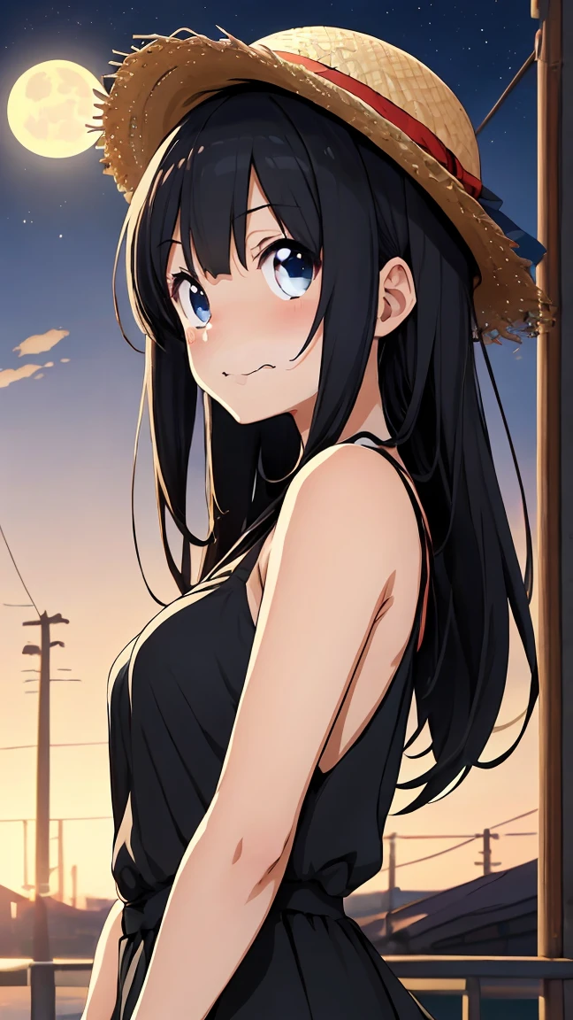 (masterpiece, Highest_quality), very_be familiar with_cg, unity 8k wallpaper, wonderful_Are you okay_figure, Anime girl with long black hair wearing a straw hat, small breasts, (shy smile), anime style 4k, beautiful anime portrait, anime moe art style, anime art wallpaper 4k, anime art wallpaper 4k, High quality anime art style, anime style portrait, Gweiz, artwork in the style of Gweiz, be familiar with digital anime art, anime art wallpaper 8k, cute anime girl portrait, Moonlight night, whole body, break perfect_hand, nice_refer tos, 5_refer to, 4_refer to,1_親refer to,