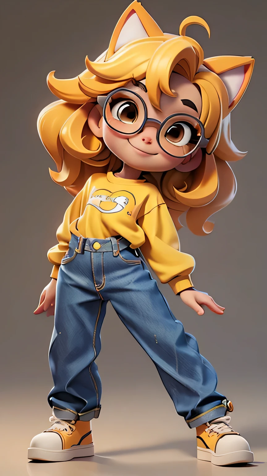 works of art, better quality, detailed face, The face is a real cat, round glasses,sharp focus, 3D rendering. whole body, beautiful chibi girl, cute smile, ((Tanned skin tone)), short yellow hair, wavy hair , tomboy, slim body shape, Red clothes, that&#39;s why, long sleeve shirt, (((Wide bottom jeans))), high bash sneakers, energetic pose, (face focus:1.3).