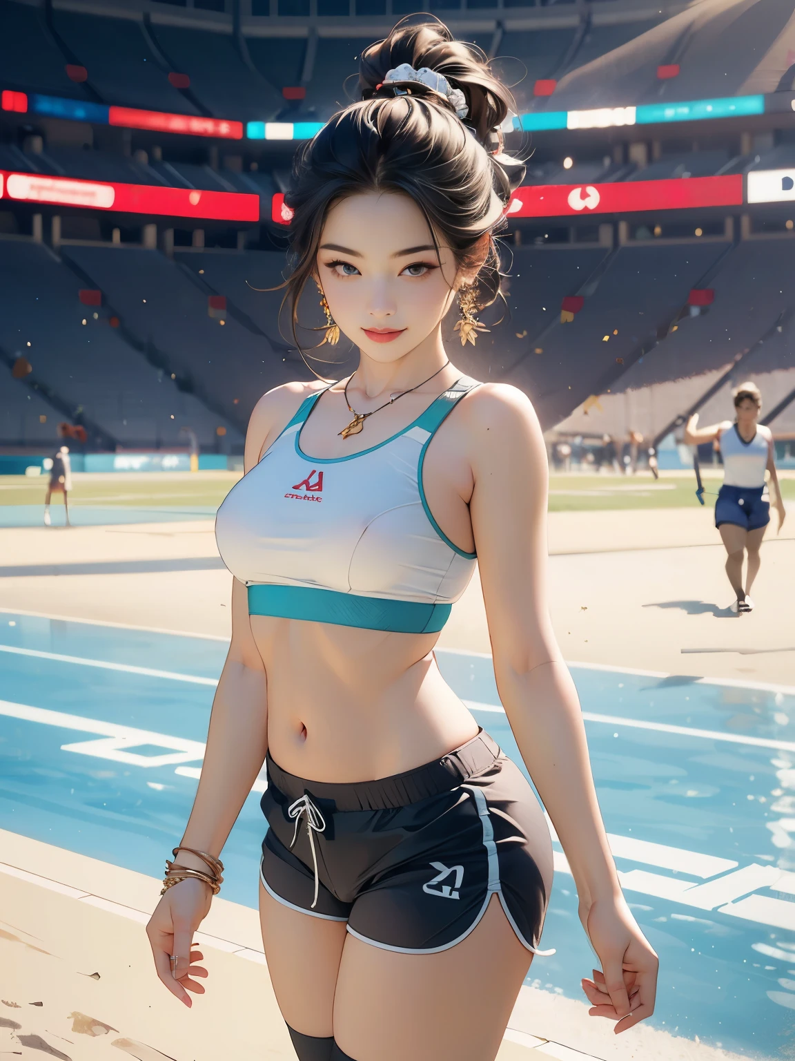 ((((highest quality))))、(((Ultra-precision CG16K wallpaper)))、(((masterpiece)))、(((Super detailed)))、(((super extreme details)))、((1people's women))、mature woman、24 year old woman、((Japanese face))、((very beautiful face))、((Beauty:1.5))、((straight long ponytail hair:1.5、blunt bangs))、(shiny brown hair)、beautiful delicate eyes、Big eyes with double eyelids、brown eyes、raised eyebrows、high nose、small nostrils、small mouth、seductive lips、beautiful breasts、((C cup size breasts))、cleavage、plump body、(Chubby body type)、perfect proportions、perfect anatomy、perfect composition、beautiful detailed shading、beautiful natural lighting、beautiful detail glow、Depth of the bounds written、(((High chroma)))、(((real:1.9)))、((vivid:1.5))、((edge:1.6))、((beautiful skin))、((skin texture))、((realな皮膚感))、(((thigh-high cowboy shot:1.6)))、((Angle seen from the front:1.6))、((smile:1.6))、(Eyes looking at me:1.5)、daytime stadium、bright sunshine、Natural light、(((outdoor stadium:1.5)))、(Walking pose:1.5)、(((sports bra_blue clothes、dolphin shorts_White clothing:1.6)))、((earrings、wearing necklace:1.3))、