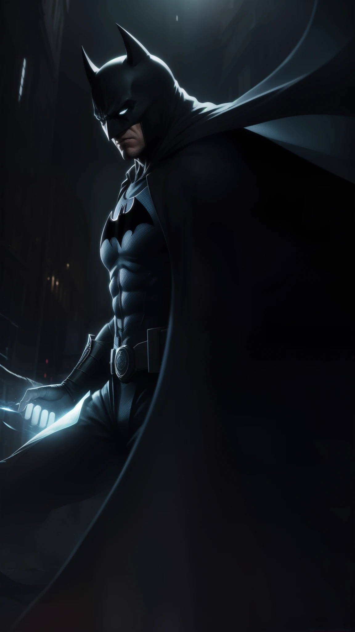 (best quality, ultra-detailed CG unity mobile wallpaper), Batman, armored suit, white glowing eyes, dark atmosphere