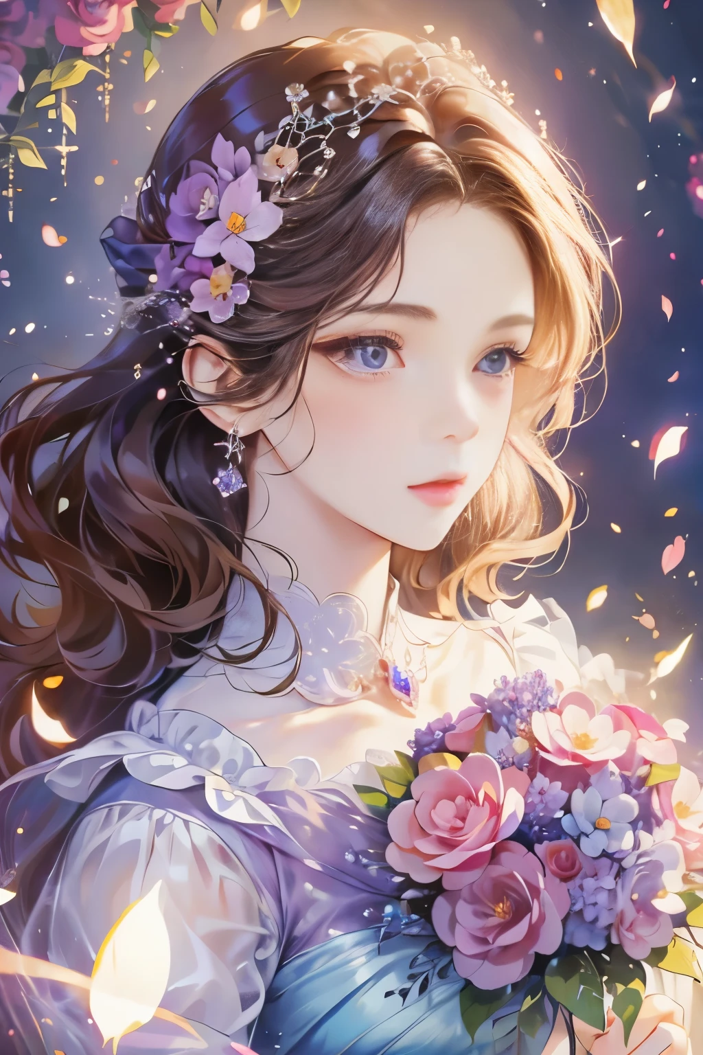 masterpiece,high resolution,((magic ball)),Dynamic bust of beautiful aristocratic girl,Elegant curly chestnut brown hair,purple eyes,Hair covered with beautiful and delicate florals, crystal jewelry filigree,Super detailed details。