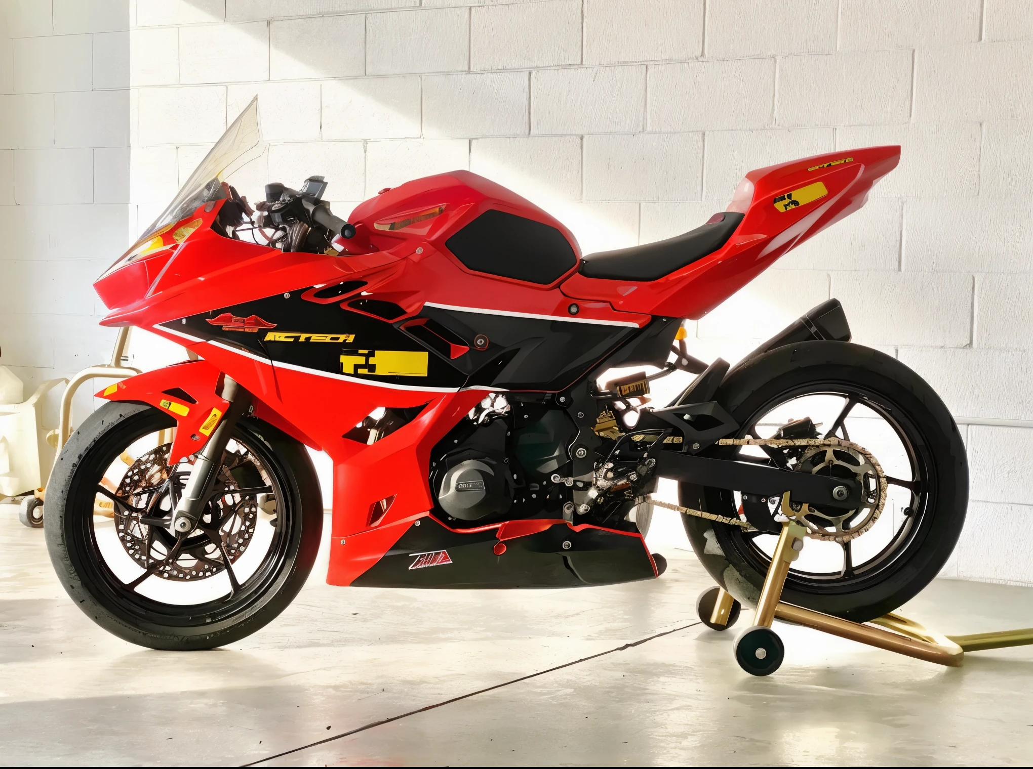 there is a red motorcycle parked in a garage with a yellow sticker, yoshimura exhaust, samurai vinyl wrap, akira moto, f 3 2, f32, by Samuel Scott, motorcycle, f / 3 2, front shot, full color, samurai jetstream sam, full colored, it has a red and black paint, a full-color airbrushed