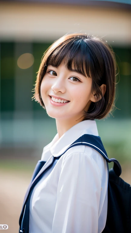 (highest quality,8K quality,masterpiece:1.3),(超A high resolution,Photoreal:1.4,RAW photo),(super detailed,caustics,detailed background),(ultra-realistic capture,Fine and beautiful skin,perfect anatomy),(eyebrows slider),Morning sky,school building,schoolyard,18-year-old,cute,double eyelid,black short bob,school blazer uniform,look at the camera,laughter,bust up shot,natural soft light