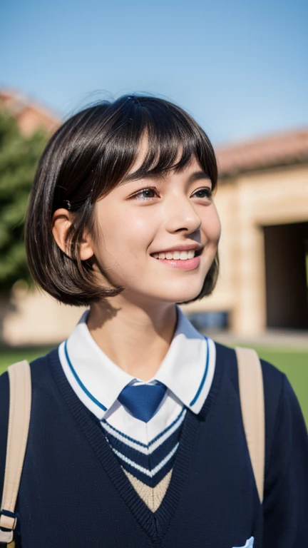 (highest quality,8K quality,masterpiece:1.3),(超A high resolution,Photoreal:1.4,RAW photo),(super detailed,caustics,detailed background),(ultra-realistic capture,Fine and beautiful skin,perfect anatomy),(eyebrows slider),Morning sky,school building,schoolyard,18-year-old,cute,double eyelid,black short bob,school blazer uniform,look at the camera,laughter,bust up shot,natural soft light