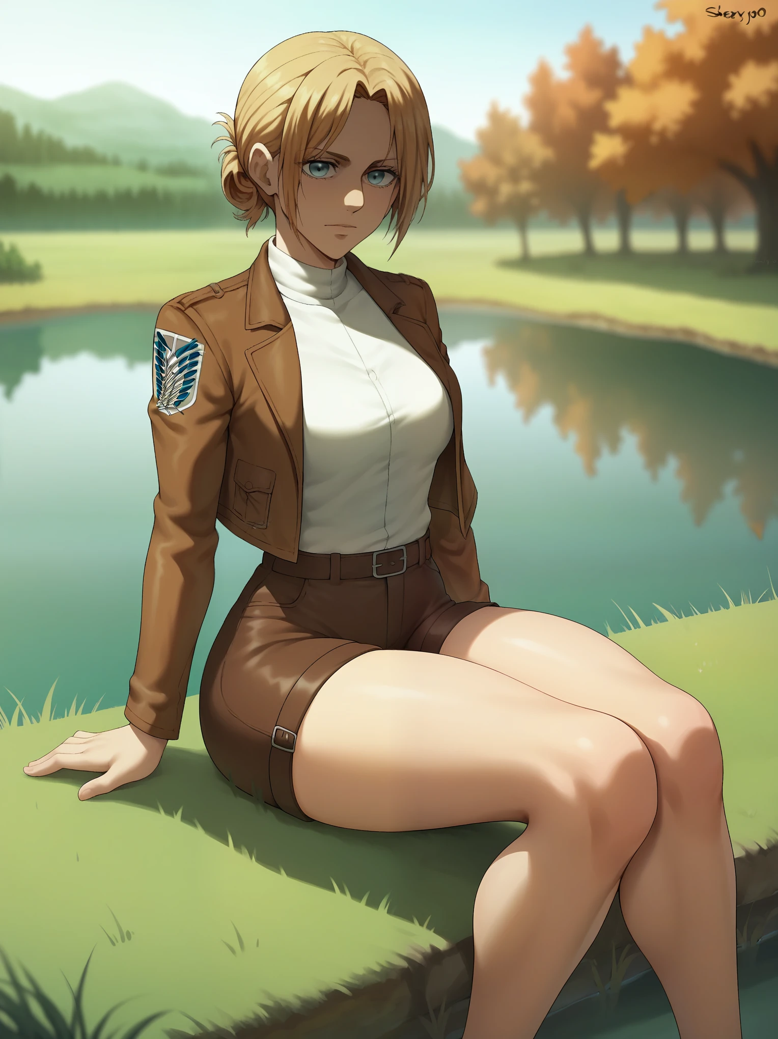 score_9,score_8_up,score_7_up, shexyo, shexyo style, attack on titan, annie leonhart, front view, thighs, thigh focus, leather shorts, white shirt, brown shorts, brown jacket, open jacket, outdoors, lake, grass, sitting on ground, sitting, nature, autumn, fall(season), by the lake, feet in lake