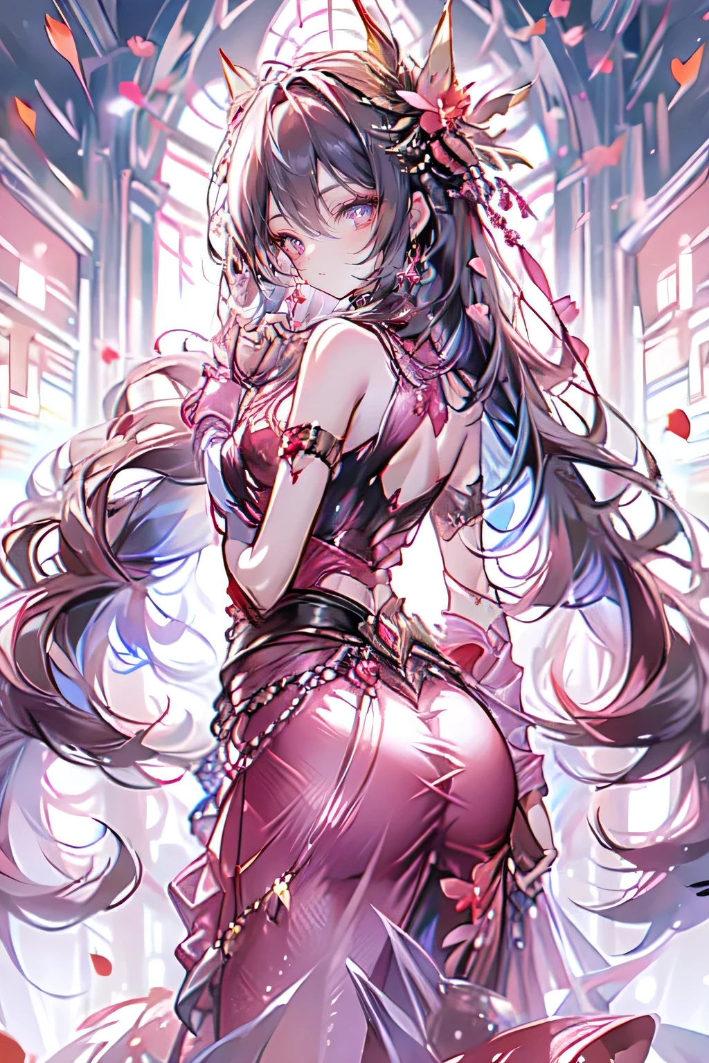 (masterpiece),(Best quality:1.0), (ultra high resolution:1.0), detailed illustration, 8 k, anime, 1 girl, beautiful anime girl, In a sari, wear pink sari, beautiful pose, Beautiful face, detailed face, beautiful eyes, dark red eyes, detailed eyes, Red lips, Red lipstick, slightly brown hair, pink flower on ear, highlighting in hair, standing, Red flowers on the back of the tree, Open sky with clouds, detailed, difficult, anime style, highly detailed