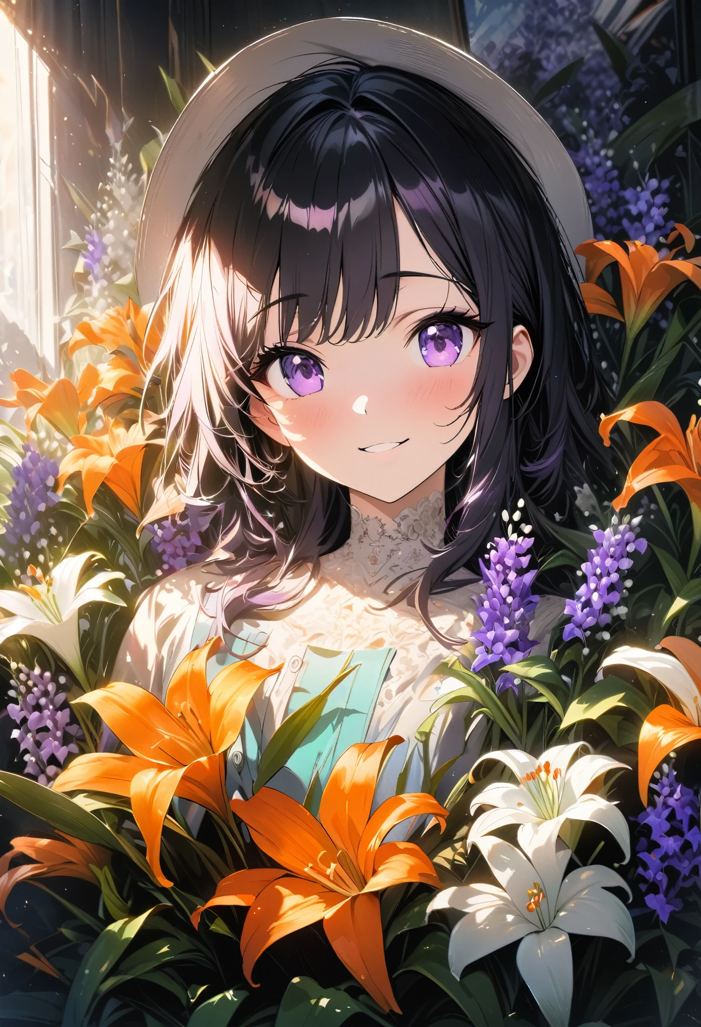 best quality, super fine, 16k, incredibly absurdres, extremely detailed, beautiful girl buried among white lilies of the valley, orange lilies, and purple violets, happy look, sunlight shining through, blend art, mixture art, design art
