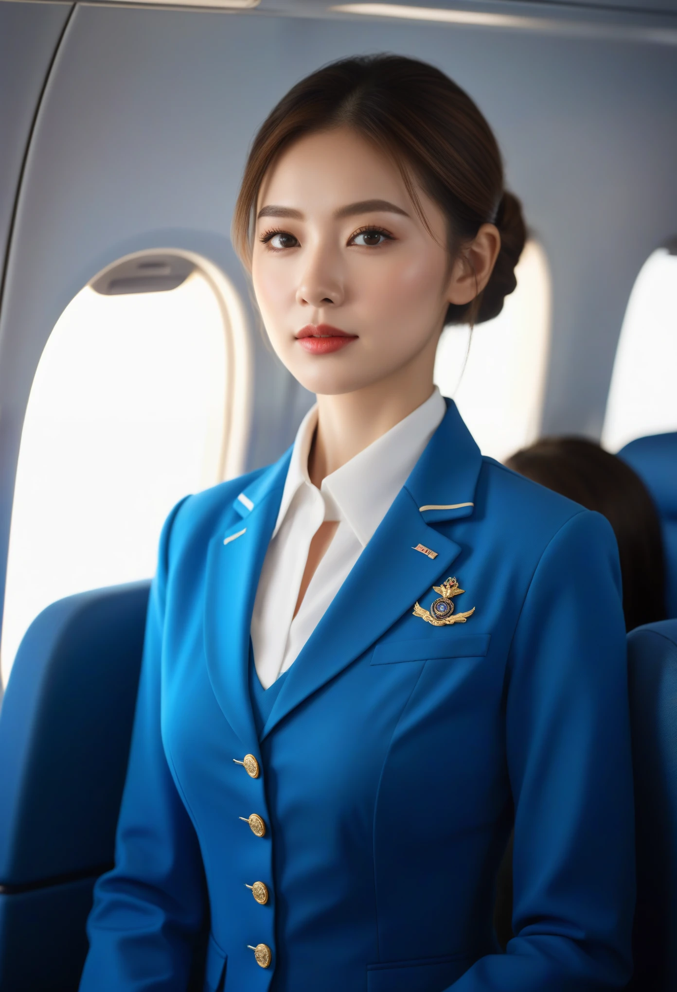 best quality,(original photo:1.2),(masterpiece:1.4),(lifelike:1.4),(high resolution:1.4), 1 girl, depth of field, Airline stewardess, Intricate details,8K, Very detailed, perfect lighting, epic background