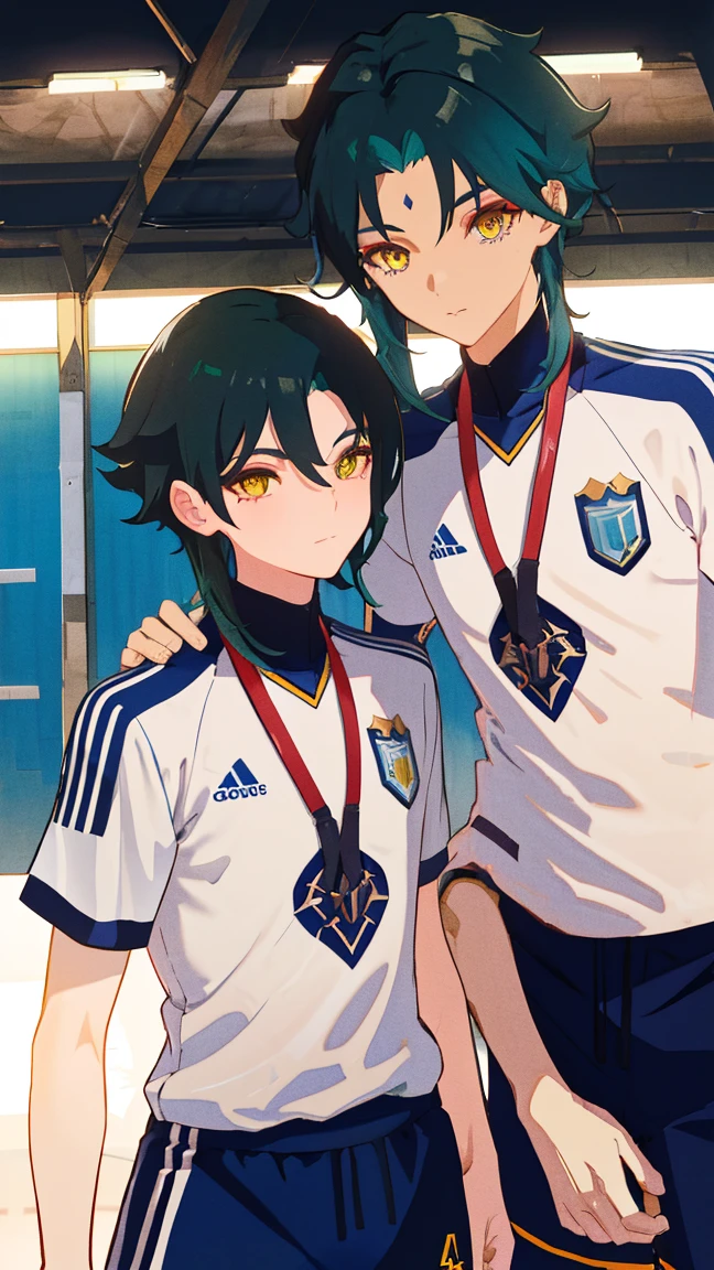 2 boys,dark green hair,highest quality,masterpiece,excessive,male focus,yellow eyes,beautiful eyes,beautiful boy,School,between men,Spouse,soccer club members,Blue soccer uniform,soccer,high school,soccer uniform,blue clothes,soccer court,teammate,same clothes,shoulder to shoulder,feminine,good friend,best image quality,