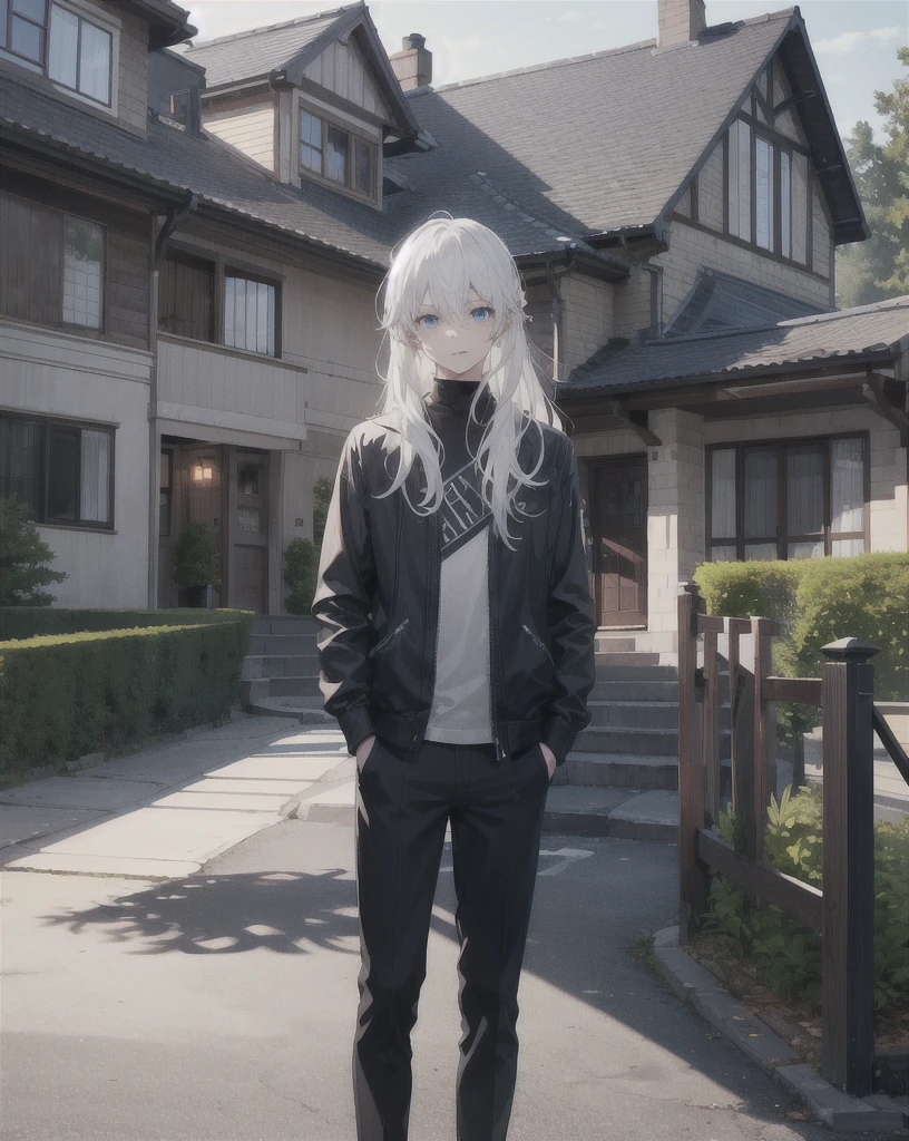 young boy,man,long hair,white hair,blue eyes,Standing in front of a modern style house,Big House,realistic,4k,charming,very detailed,thin,