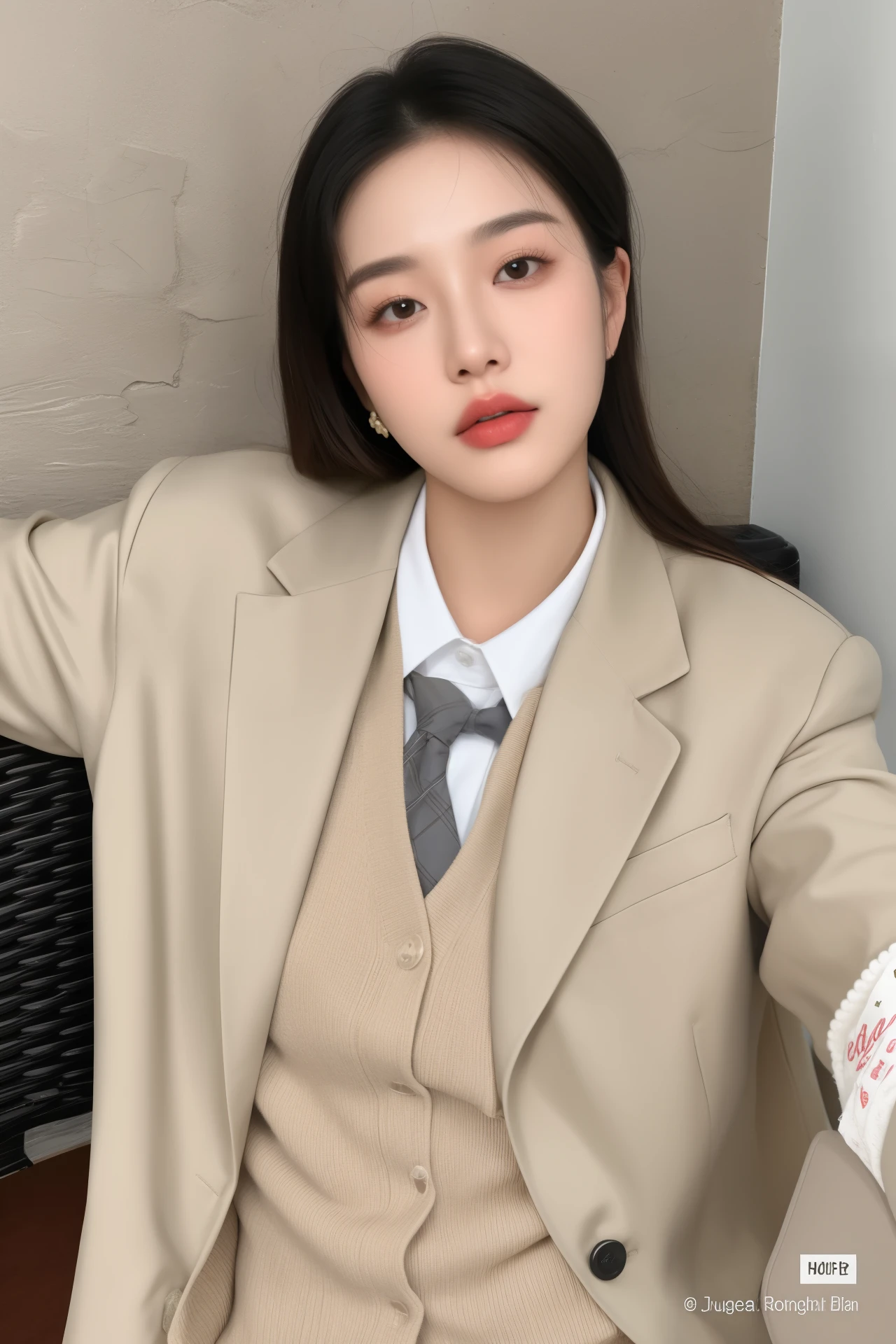 there is a woman sitting on a chair wearing a beige suit, Garota de terno, Garota de terno, Ulzzang, jaeyeon nam, uniforme de marinheiro com gola solta, vestindo jaqueta e saia, Jinyoung Shin, 2 0 2 0 moda, Heonhwa Choe, inspirado em Kim Jeong-hui, Sakimichan, camisa cropped com jaqueta