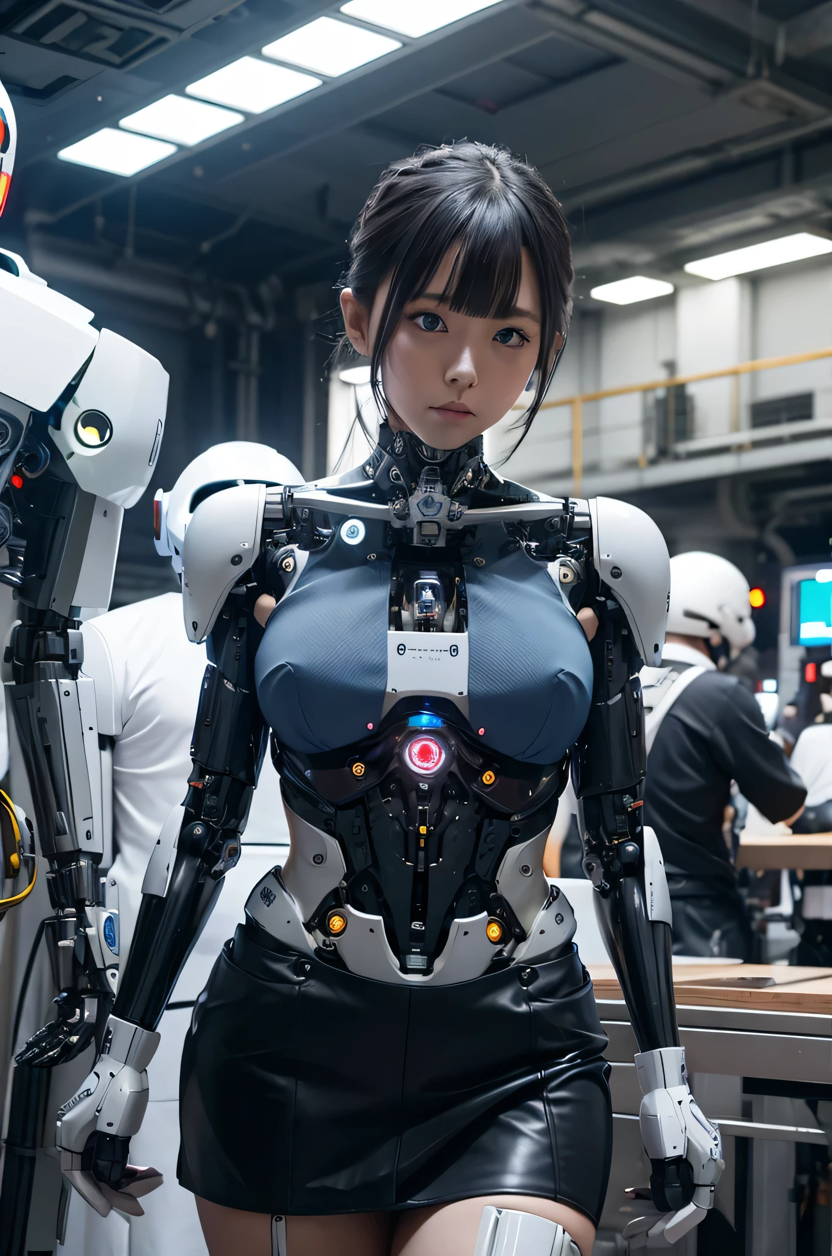 masterpiece, best quality, extremely detailed, Japaese android girl,Plump ,control panels,android,Droid,Mechanical Hand, Robot arms and legs,Blunt bangs,perfect robot girl,white robot body,mechanical neck,long tube,thick cable connected her neck,android,robot,humanoid,cyborg,japanese cyborg girl ,robot-assembly plant,She has assembled now,assembly scene,chest monitor,leather skirt,blue eyes,