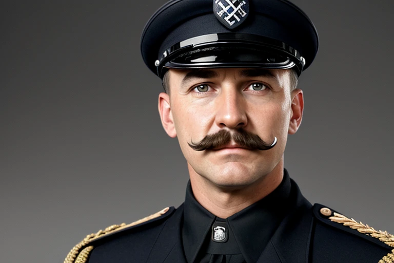 Tom, brun, moustache, allemand, charismatique, high-ranking German army officer, Waffen-SS, heil hitler, croix de fer, nazis, swastika, ww2, Realistic, tennue Realistic, lieu Realistic, peau Realistic, cheveux Realistic, 4k, hd, masterpiece, portrait officielle