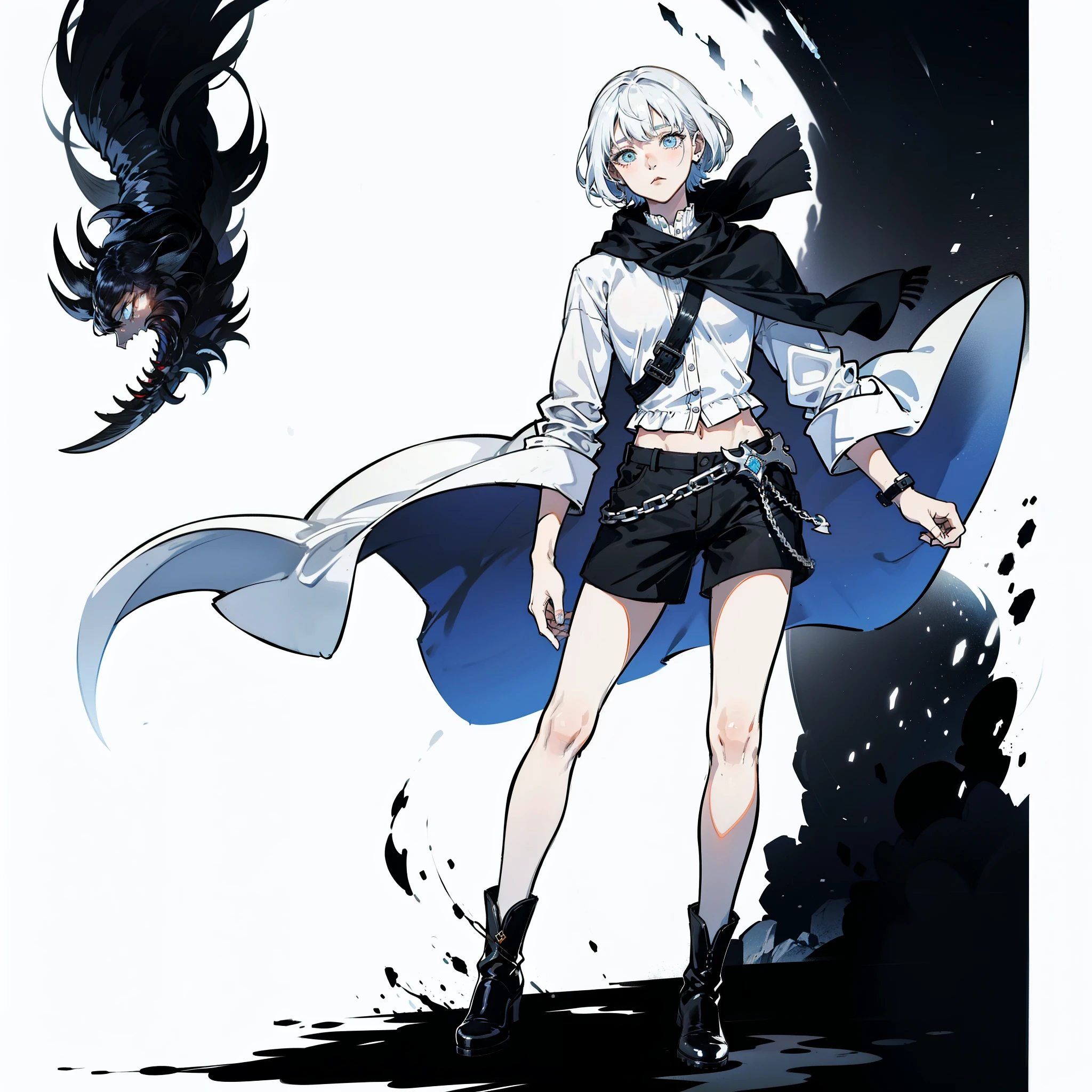 cartoon,Short black shawl hair,girl,,Blue eyes,white cloak,Wear a white shirt underneath,black shorts,White knee socks,black boots,eyes empty,cold expression,Carrying a double knife on his back,Stand up straight