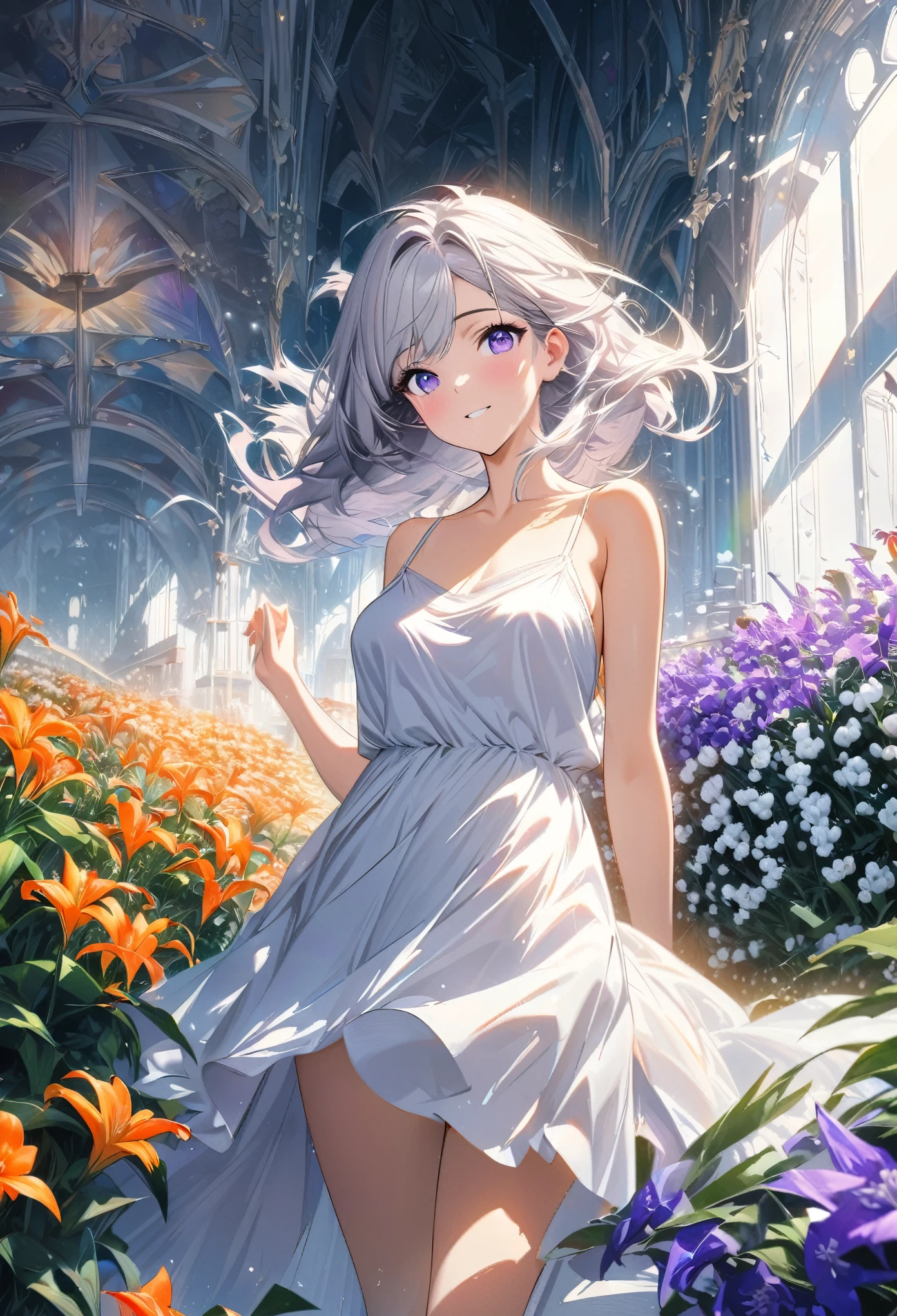 best quality, super fine, 16k, incredibly absurdres, extremely detailed, beautiful girl buried among white lilies of the valley, orange lilies, and purple violets, happy look, shining silver hair waving in the wind, wind, wind-effect, wearing camisole dress, sunlight shining through, blend art, mixture art, design art