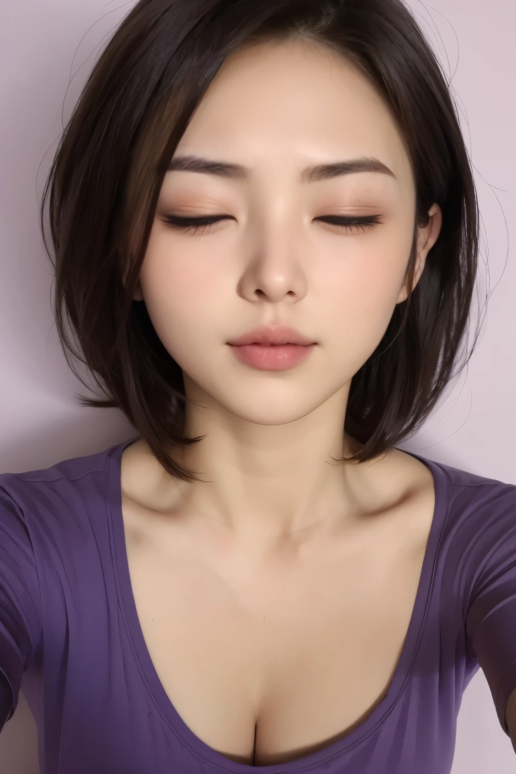 a short sexy woman wearing purple t shirt and black tracks, pinned against the wall, eyes closed, lips parted, blushing intensely, ready to kiss