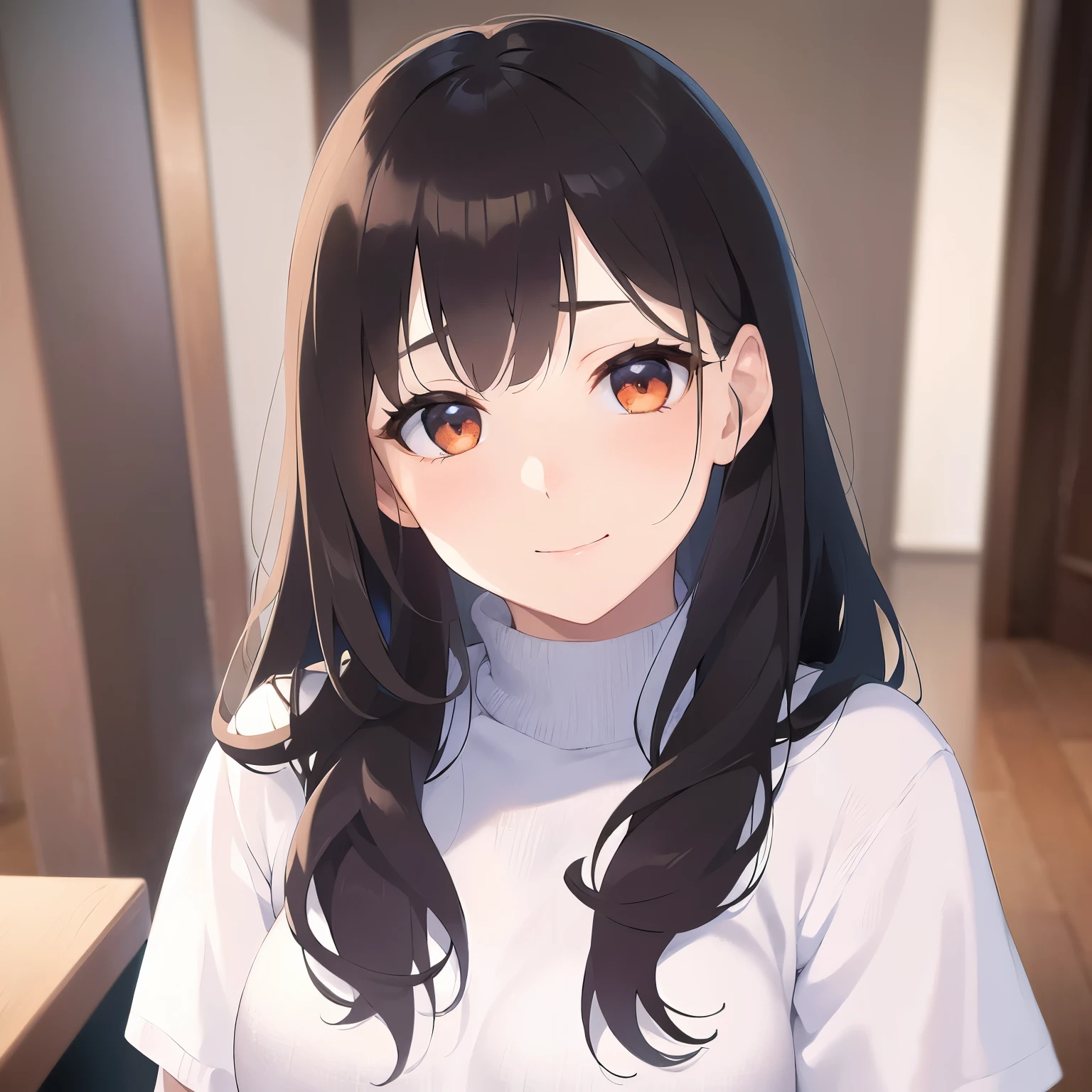 head tilt、Upper Body, Realistic, real person, (pale skin: 1.2), RAW photo, photorealistic, portrait photography, shiny skin, japanese idol、shiny hair、(25 year old woman with medium hair with bangs) and (wavy hair) and (brown hair) and (orange eyes) , (White turtleneck top) 、smile, The background is the office front desk.、Alone、Are standing