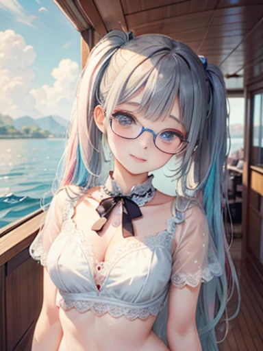 (masterpiece:1.2), (highest quality:1.2),, Curvy but slender body, perfect eyes, perfect face, perfect lighting, 1 girl,(rainbow colored hair, colorful hair, Half blue、half pink hair: 1.2), cherry blossoms、 Glasses、(Cute floral shirt),(whole bodyが見える),spring、(Exquisitely drawn、Transparent sexy clothes、polka dots、Extremely Mini、White lace skirt),curly hair, Clothes with short sleeves, 、In the sea、on the boat、, compensate, eye shadow, small breasts、thick eyelashes, fantasy, looking at the viewer, whole body,alice in wonderland、blue sky、Bright and beautiful face、young shiny glossy white shiny skin、the best beauty、the most beautiful in the world、thin hair、long hair、Shining beautiful bangs、big shining blue eyes、very beautiful and lovely 8 year old, the most beautiful girl in the world、twin tails、Glasses、a disappointed face、Waiting for a kiss、smile.Stylish black underwear