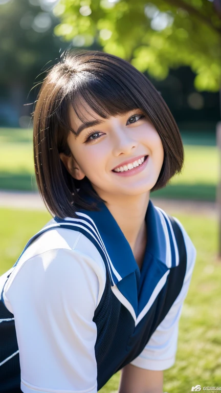 (highest quality,8K quality,masterpiece:1.3),(超A high resolution,Photoreal:1.4,RAW photo),(super detailed,caustics,detailed background),(ultra-realistic capture,Fine and beautiful skin,perfect ???????),(eyebrows slider),Morning sky,school building,schoolyard,18-year-old,cute,double eyelid,black short bob,Sports uniform,look at the camera,laughter,bust up shot,natural soft light