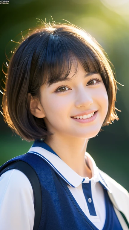 (highest quality,8K quality,masterpiece:1.3),(超A high resolution,Photoreal:1.4,RAW photo),(super detailed,caustics,detailed background),(ultra-realistic capture,Fine and beautiful skin,perfect anatomy),(eyebrows slider),Morning sky,school building,schoolyard,18-year-old,cute,double eyelid,black short bob,Sports uniform,look at the camera,laughter,bust up shot,natural soft light
