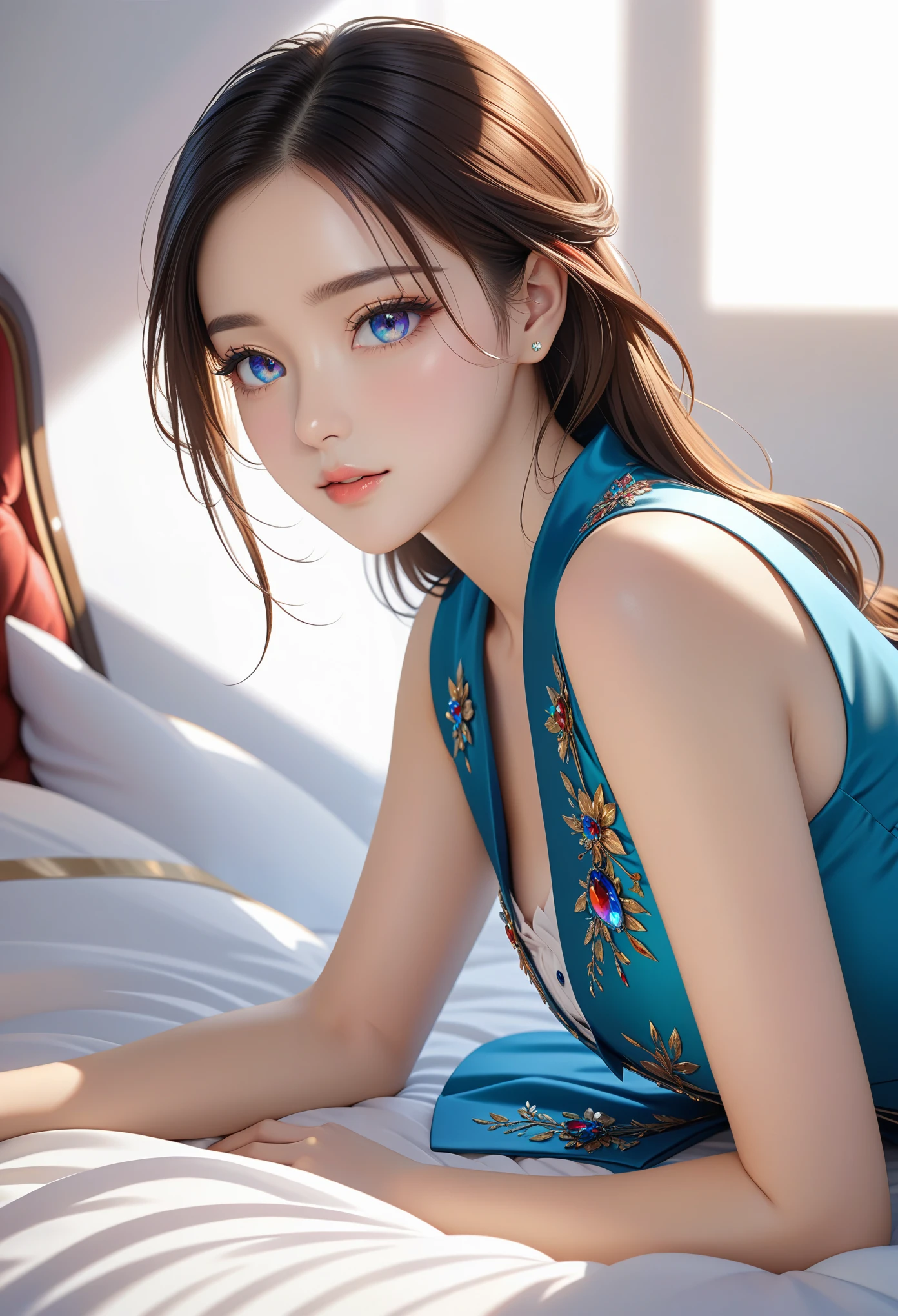 16k ultra-fine CG wallpaper, masterpiece, Excellent picture quality, Super exquisite), (Excellent light and shadow, Exquisite and beautiful), truly smooth skin, bright face, 18K close-up perfect display, Change, Lovely, Girl wearing sophisticated sleeveless shirt and long skirt, Lying prone on the big white bed, Colorful jewel-like eyes.