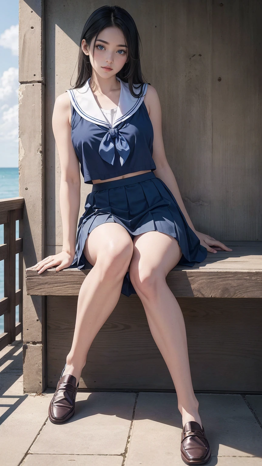 photorealistic、master piece、1 girl、23 years old、beautiful face、soft light、Front facing、（Navy blue and white sailor suit、navy blue mini skirt）、（Long ponytail with black hair）、（seaside、Sit on the sandy beach、hugging own legs）、big breasts、beautiful thighs、panty shot