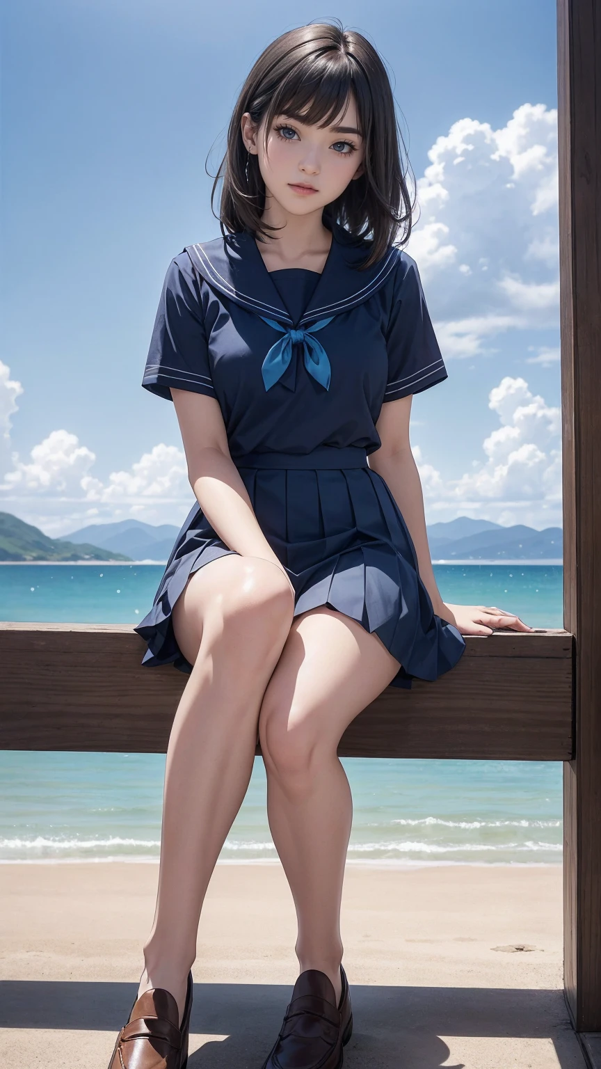 ((最high quality, 8K, masterpiece: 1.3, Ultra HD, high quality, 最high quality, High resolution, realism)) 、An extremely beautiful 18-year-old Japanese woman、hair color is black、black eye、medium hair、straight hair、smile、Slender but well-proportioned muscular body、Athlete-like body type、I don't want my head to disappear from the screen.、sit on the embankment by the sea、The blue sky is beautiful、There is an entrance cloud、It's summer、I'm wearing a sailor suit、Wear a navy blue pleated skirt、wear loafers