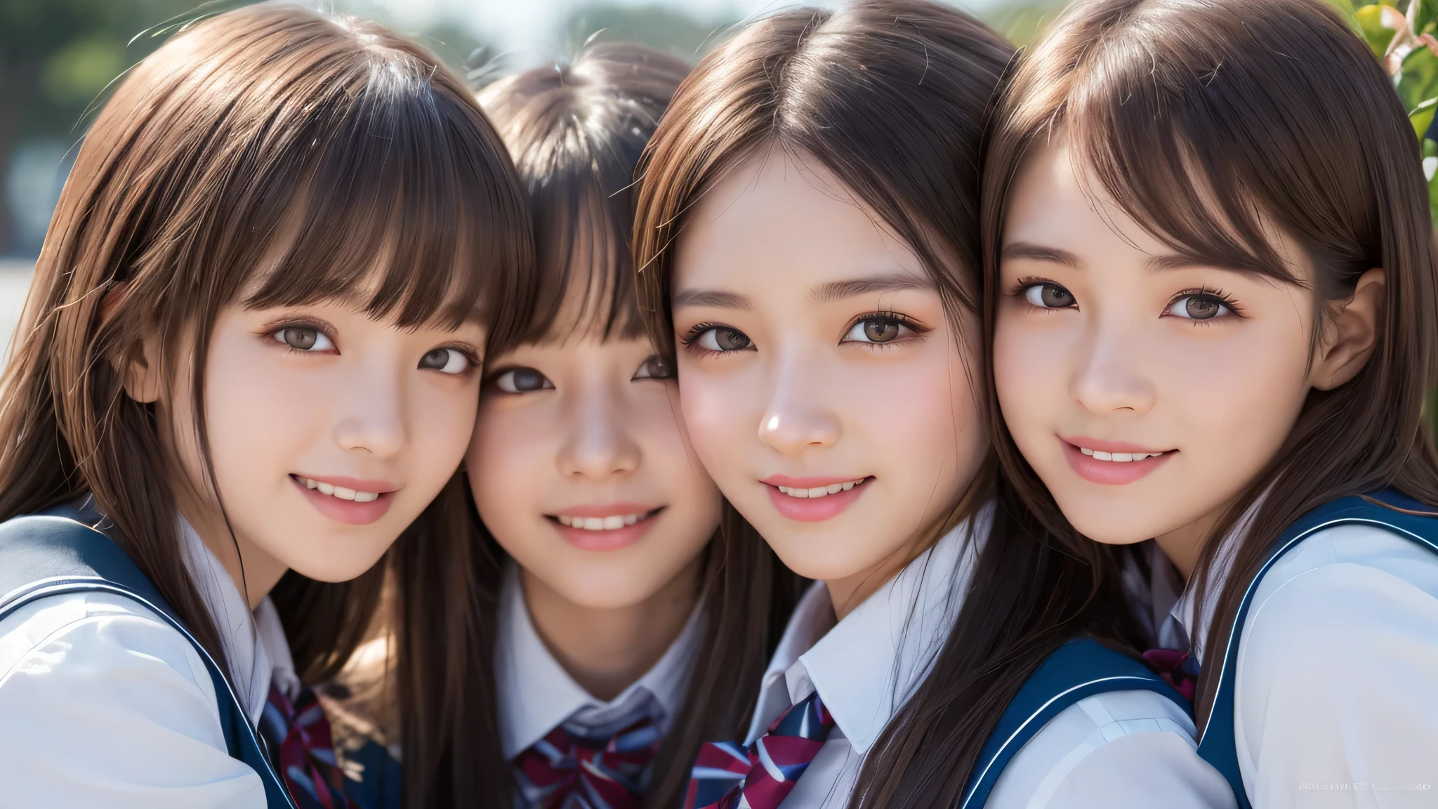 (3young girls), Amazing face and eyes, brown eyes, highly detailed girls, extremely detailed CG unified 8k wallpaper, highly detailed, High-definition raw color photos, professional photography, Realistic portrait, Cinematic Light, bangs, (Best Quality:1.4), (Ultra-detailed), (high school uniform:1.2), Extremely high resolution, flowers, (smile:1.2), 