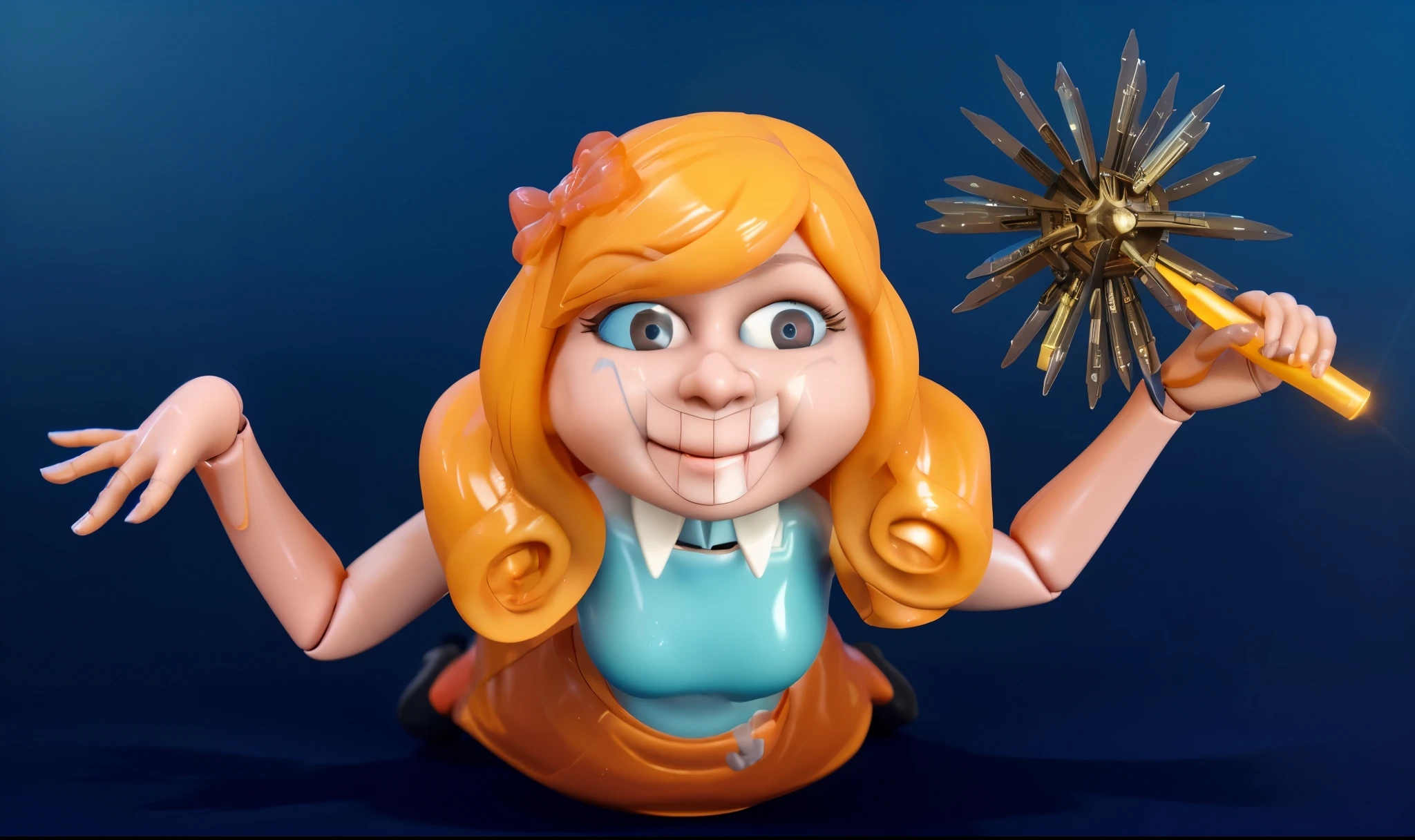 cartoon doll girl with a mace in her hand, doll, game character, videogame character, creepy doll, large creepy smile, doll with creepy smile and red eyes, insane, she ia holding death star mace in hand, doll toy, glossy texture, smooth 3d model, multiple light sources, rim light, sharp post effects render, (glossy plastic texture with multiple big light probe refractions), perfect cgi, smooth silhouette, high intensity refraction, (super glossy material), most beautiful vfx, blue background, plastic refractions, realistic, 4k, high resolution, rim light, she is flying, she is laying on the floor
