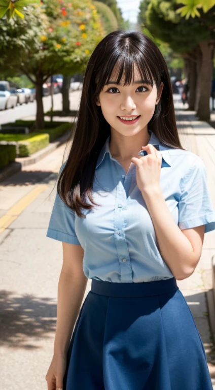 ((highest quality,8K,masterpiece:1.3)),woman posing for a photo,  Japanese, 24 year old female model, small breasts、bangs、black haired、middle hair、long hair、straight hair、(light blue Y-shirt,flare skirt:1.2),Slim figure、small breasts、laughter、The background is an empty park、beautiful feet、