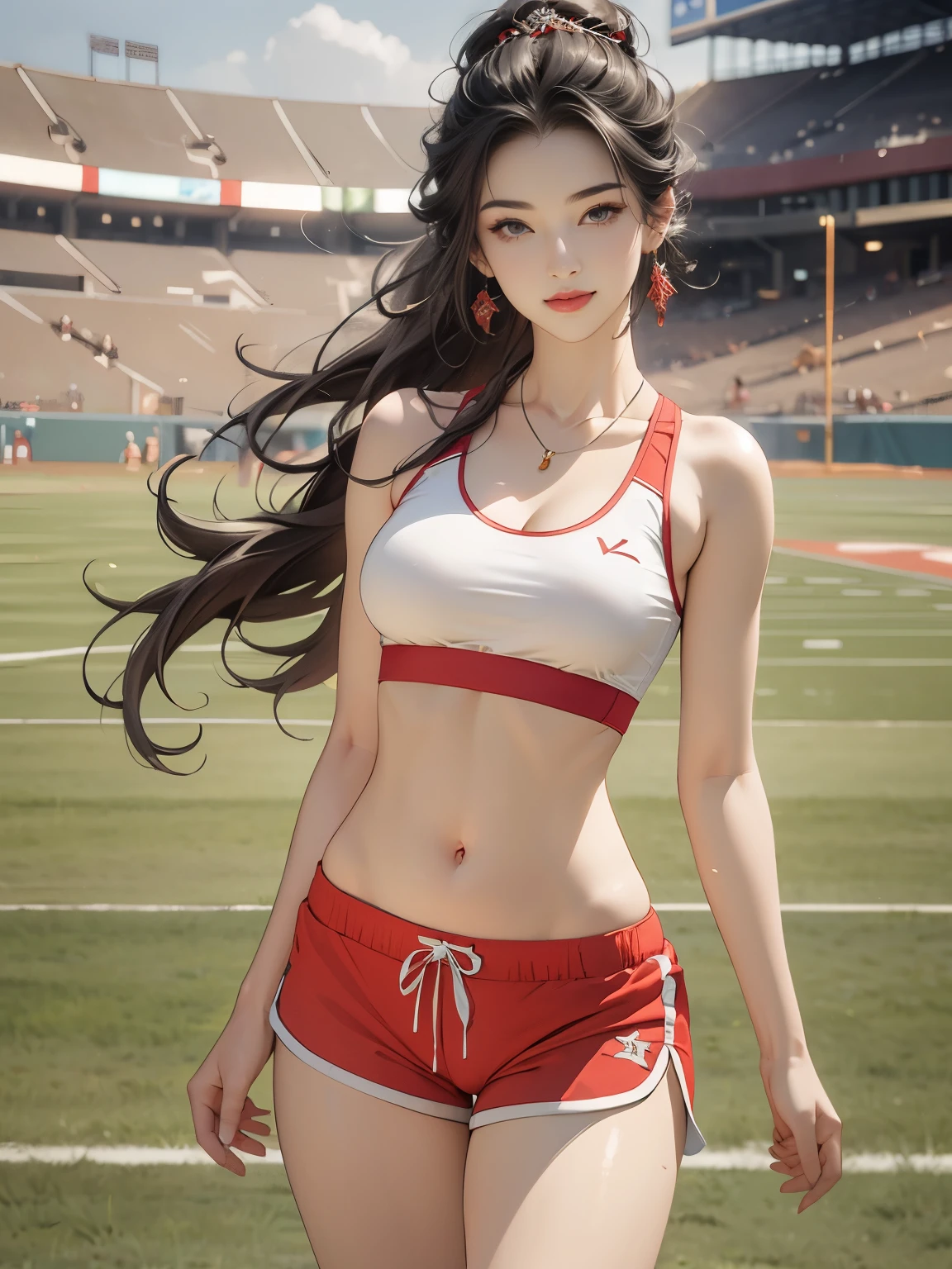 ((((highest quality))))、(((Ultra-precision CG16K wallpaper)))、(((masterpiece)))、(((Super detailed)))、(((super extreme details)))、((1people's women))、mature woman、24 year old woman、((Japanese face))、((very beautiful face))、((Beauty:1.5))、((straight long ponytail hair:1.5、blunt bangs))、(shiny brown hair)、beautiful delicate eyes、Big eyes with double eyelids、brown eyes、raised eyebrows、high nose、small nostrils、small mouth、seductive lips、beautiful breasts、((C cup size breasts))、cleavage、plump body、(Chubby body type)、perfect proportions、perfect anatomy、perfect composition、beautiful detailed shading、beautiful natural lighting、beautiful detail glow、Depth of the bounds written、(((High chroma)))、(((real:1.9)))、((vivid:1.5))、((edge:1.6))、((beautiful skin))、((skin texture))、((realな皮膚感))、(((thigh-high cowboy shot:1.6)))、((Angle seen from the front:1.6))、((smile:1.6))、(Eyes looking at me:1.5)、daytime stadium、bright sunshine、Natural light、(((outdoor stadium:1.5)))、(Walking pose:1.5)、(((sports bra_red clothes、dolphin shorts_White clothing:1.6)))、((earrings、wearing necklace:1.3))、